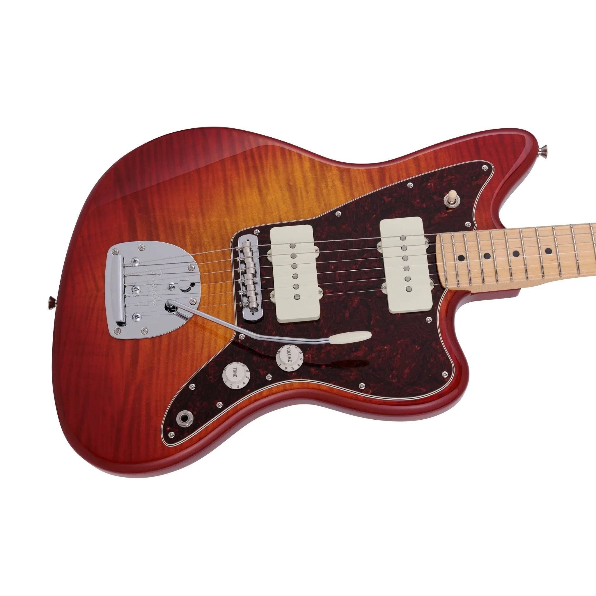 Fender Japan Hybrid II Jazzmaster Electric Guitar, Maple FB, Flame Sunset Orange Transparent