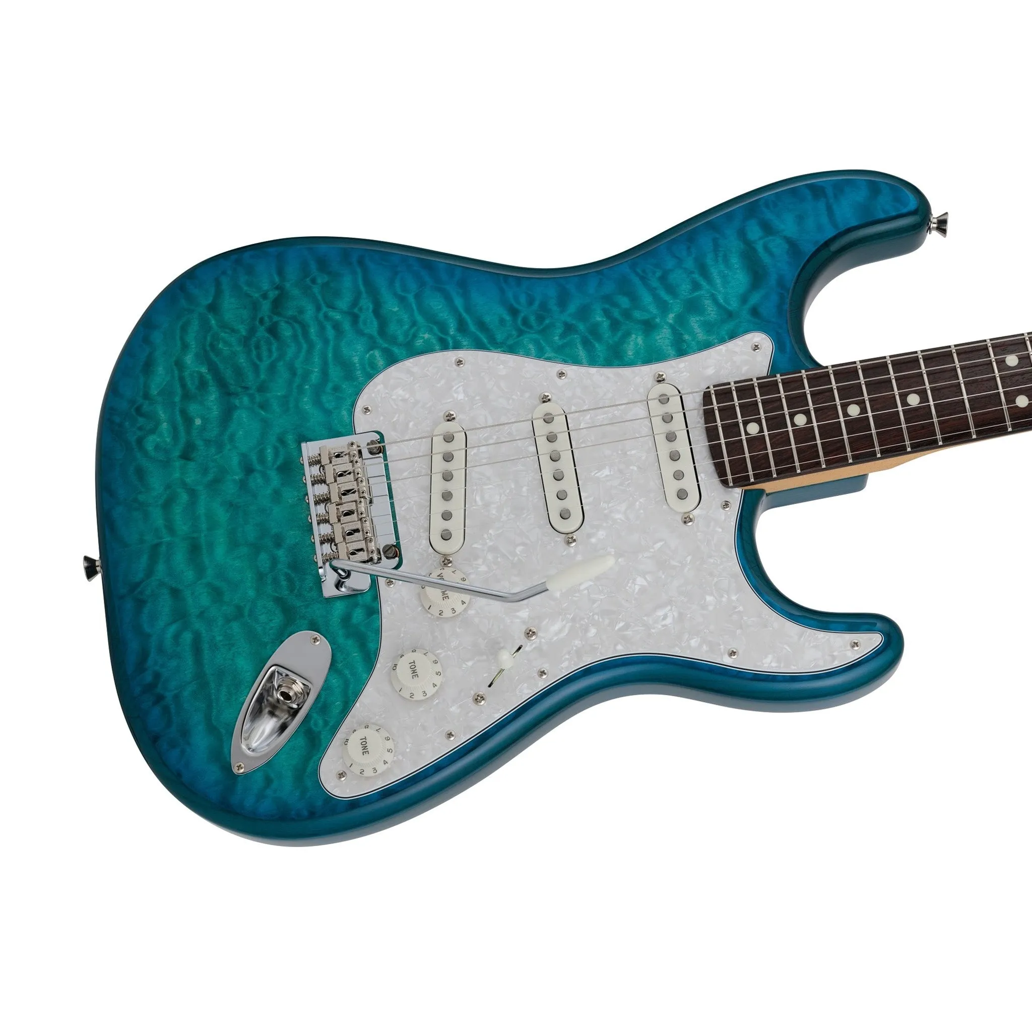 Fender Japan Hybrid II Ltd Ed Stratocaster Electric Guitar w/Quilt Maple Top, RW FB, Aquamarine