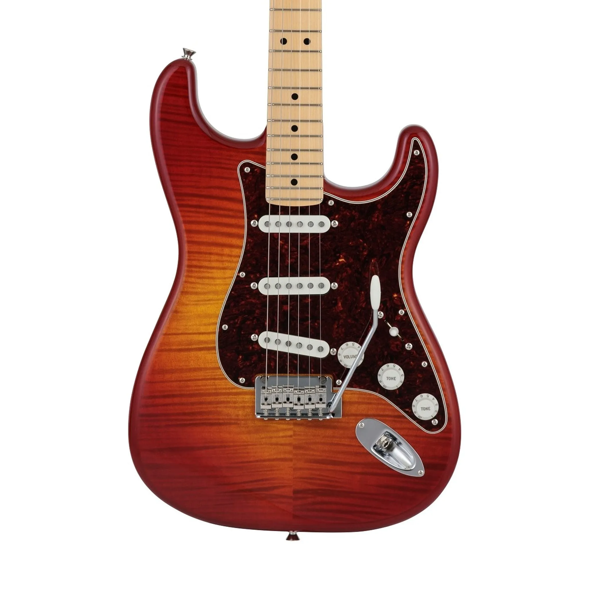 Fender Japan Hybrid II Stratocaster Electric Guitar, Maple FB, Flame Sunset Orange Transparent