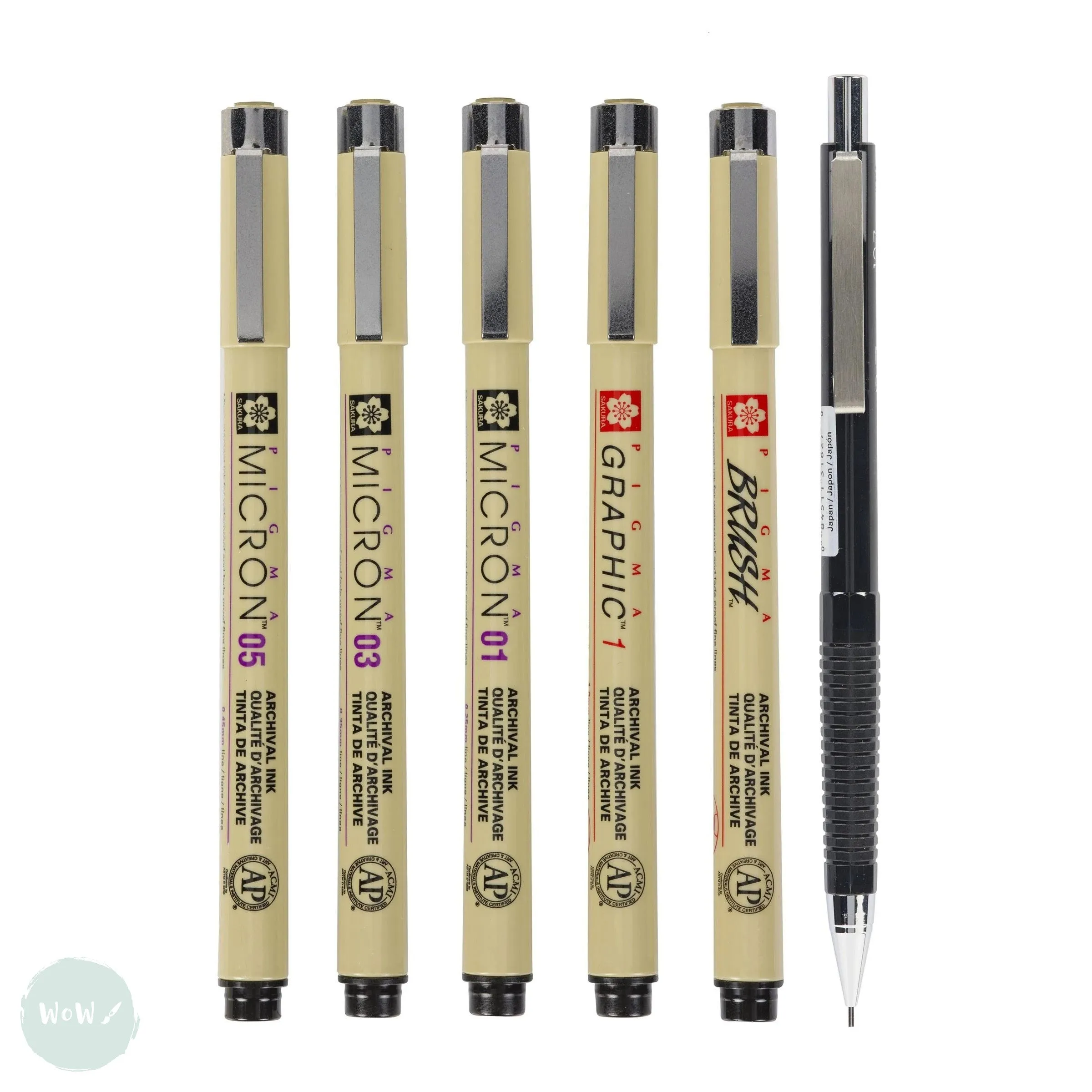 Fineliner Pigment Pen Set - SAKURA Pigma Micron - MANGA SET - BLACK - 01, 03, 05, 1 mm, Brush & 0.7 Pencil