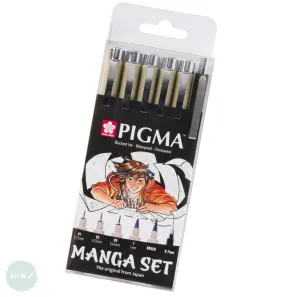 Fineliner Pigment Pen Set - SAKURA Pigma Micron - MANGA SET - BLACK - 01, 03, 05, 1 mm, Brush & 0.7 Pencil