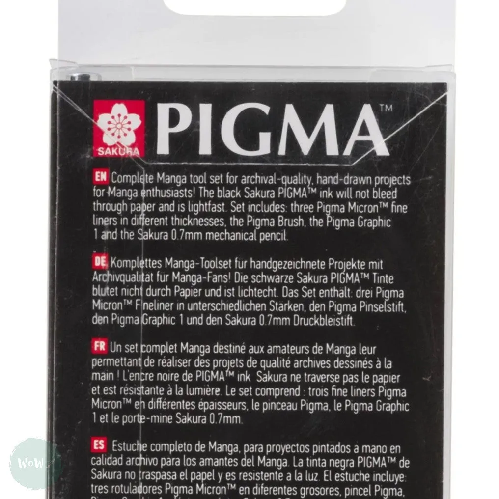 Fineliner Pigment Pen Set - SAKURA Pigma Micron - MANGA SET - BLACK - 01, 03, 05, 1 mm, Brush & 0.7 Pencil