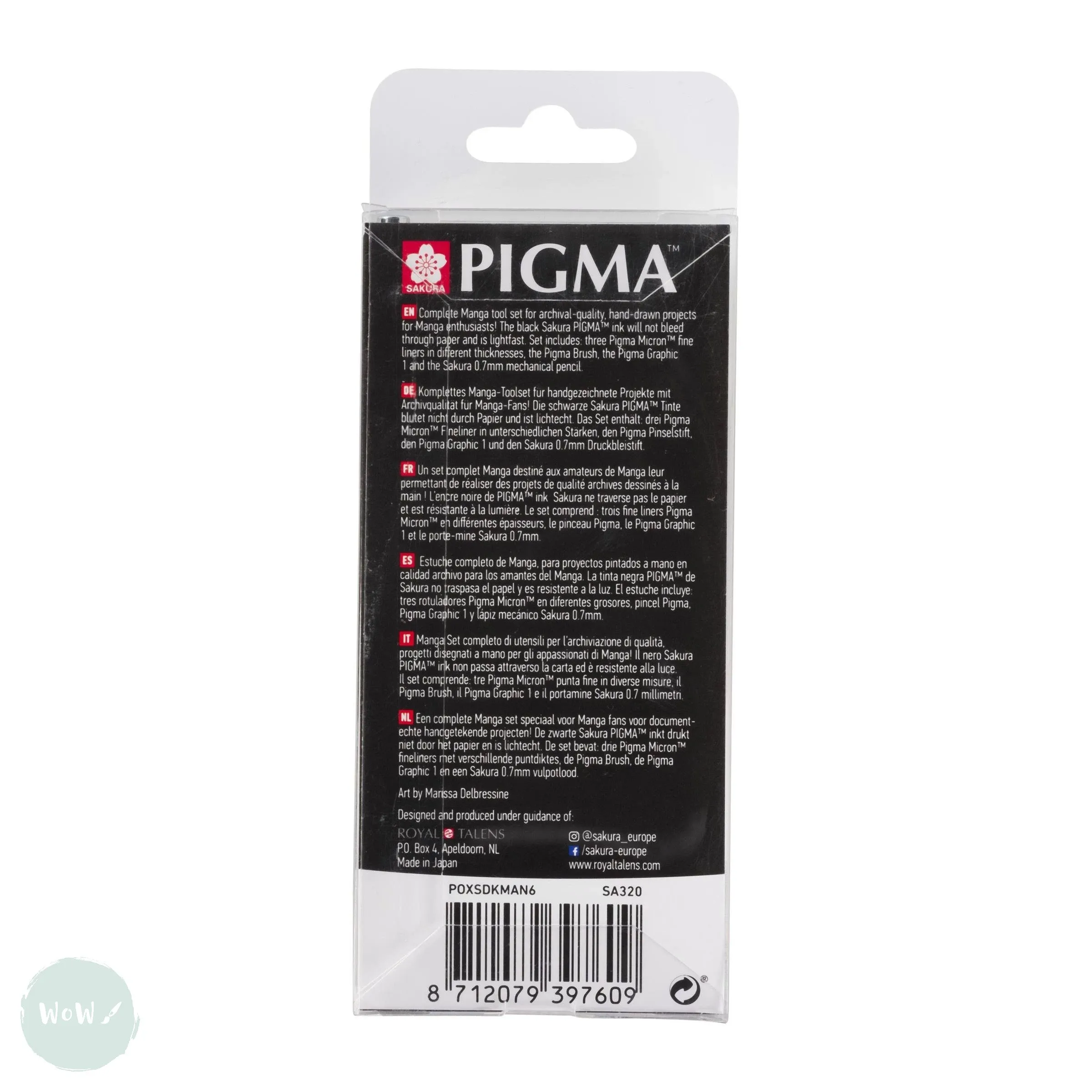 Fineliner Pigment Pen Set - SAKURA Pigma Micron - MANGA SET - BLACK - 01, 03, 05, 1 mm, Brush & 0.7 Pencil