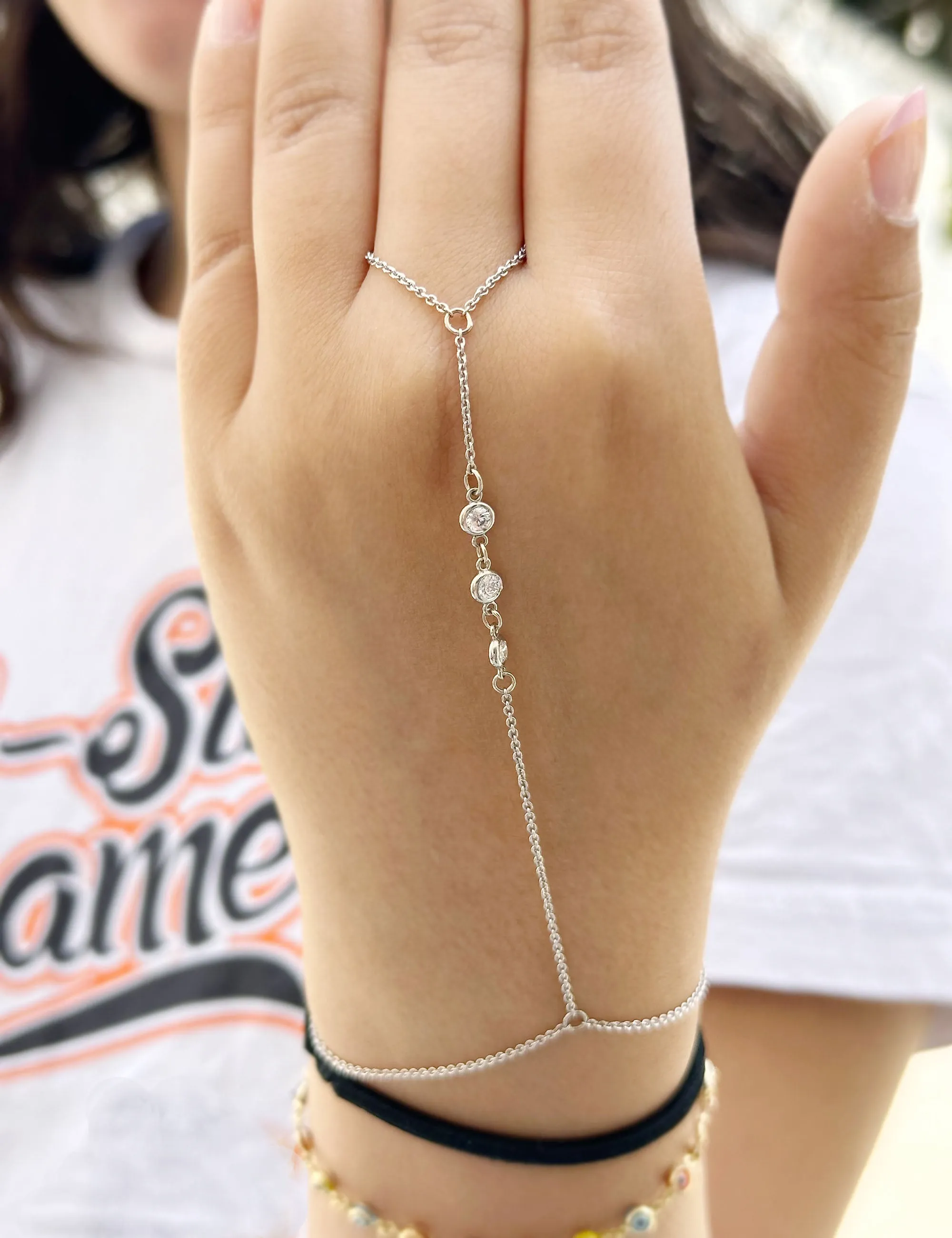 Finger Bracelet Moissanites Ring Bracelet In 14k Solid White Gold Hand Chain Bracelet Bezel Set Chain Bracelet Gift 0.30ctw