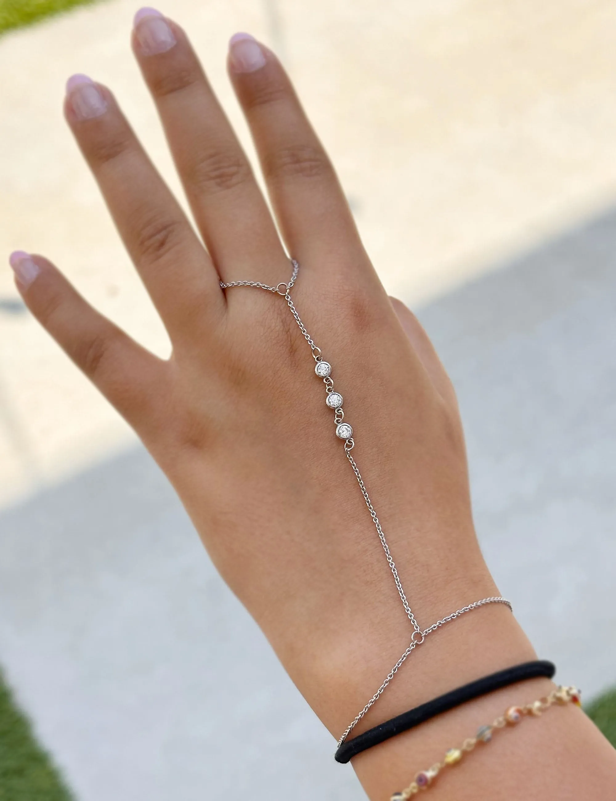 Finger Bracelet Moissanites Ring Bracelet In 14k Solid White Gold Hand Chain Bracelet Bezel Set Chain Bracelet Gift 0.30ctw