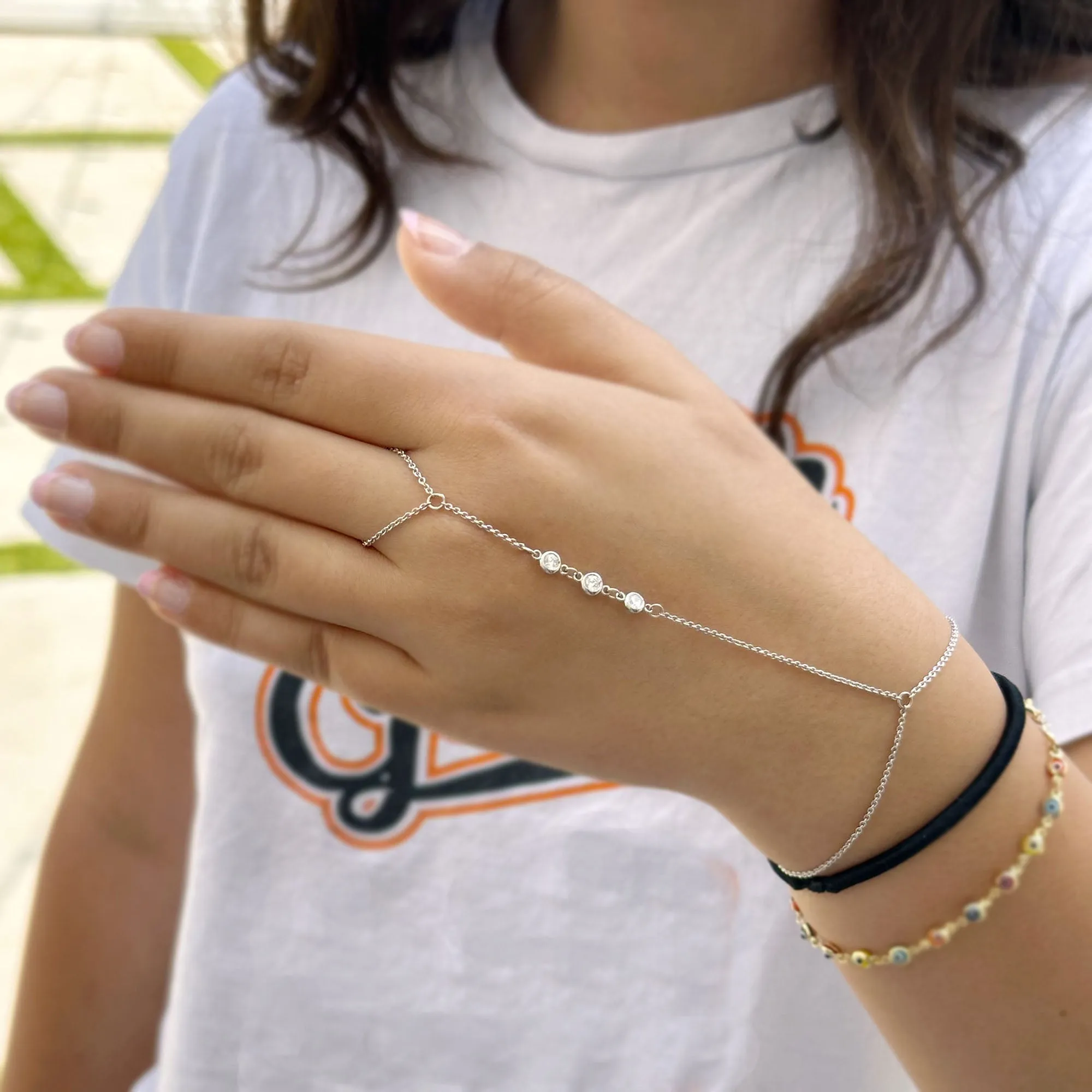Finger Bracelet Moissanites Ring Bracelet In 14k Solid White Gold Hand Chain Bracelet Bezel Set Chain Bracelet Gift 0.30ctw