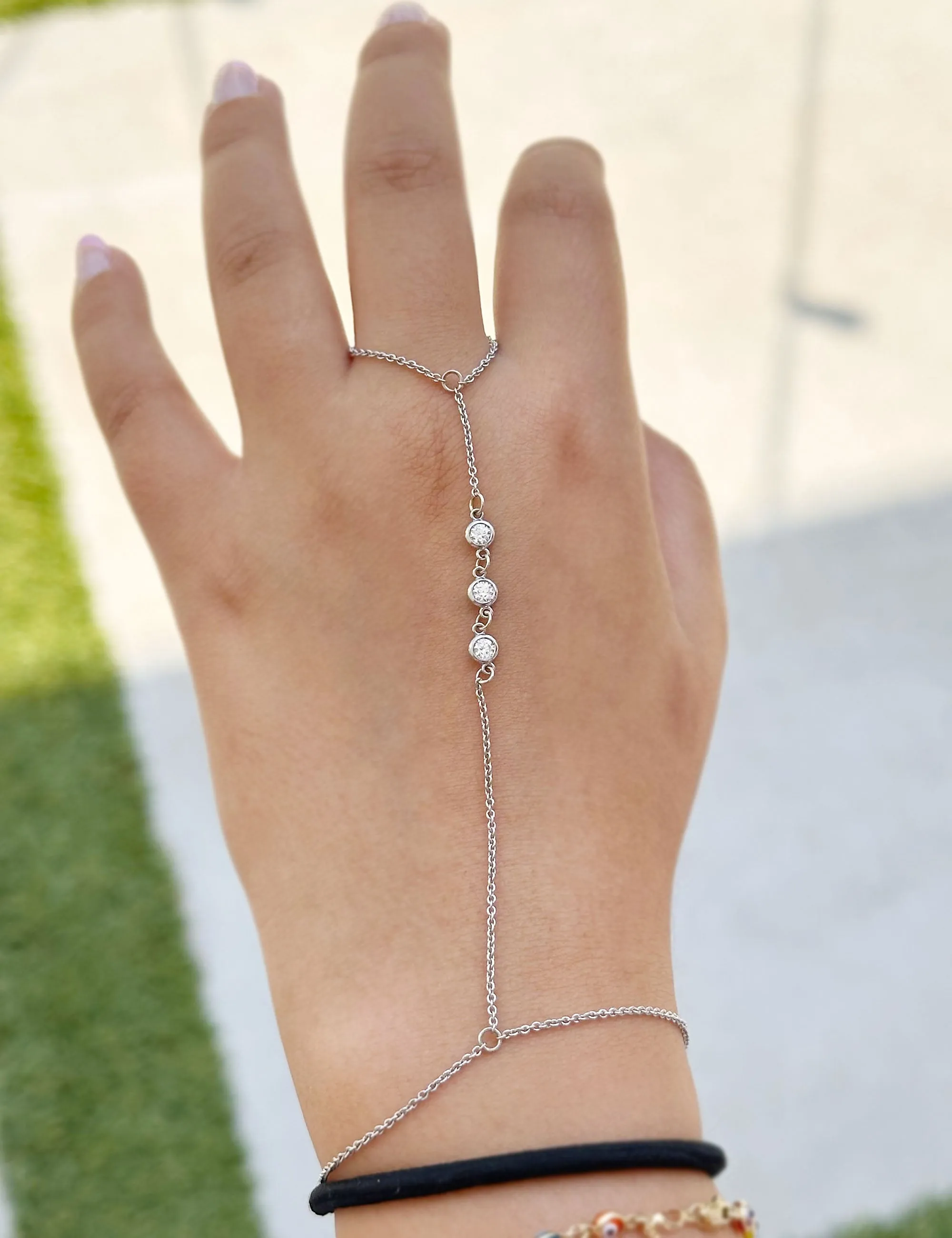 Finger Bracelet Moissanites Ring Bracelet In 14k Solid White Gold Hand Chain Bracelet Bezel Set Chain Bracelet Gift 0.30ctw