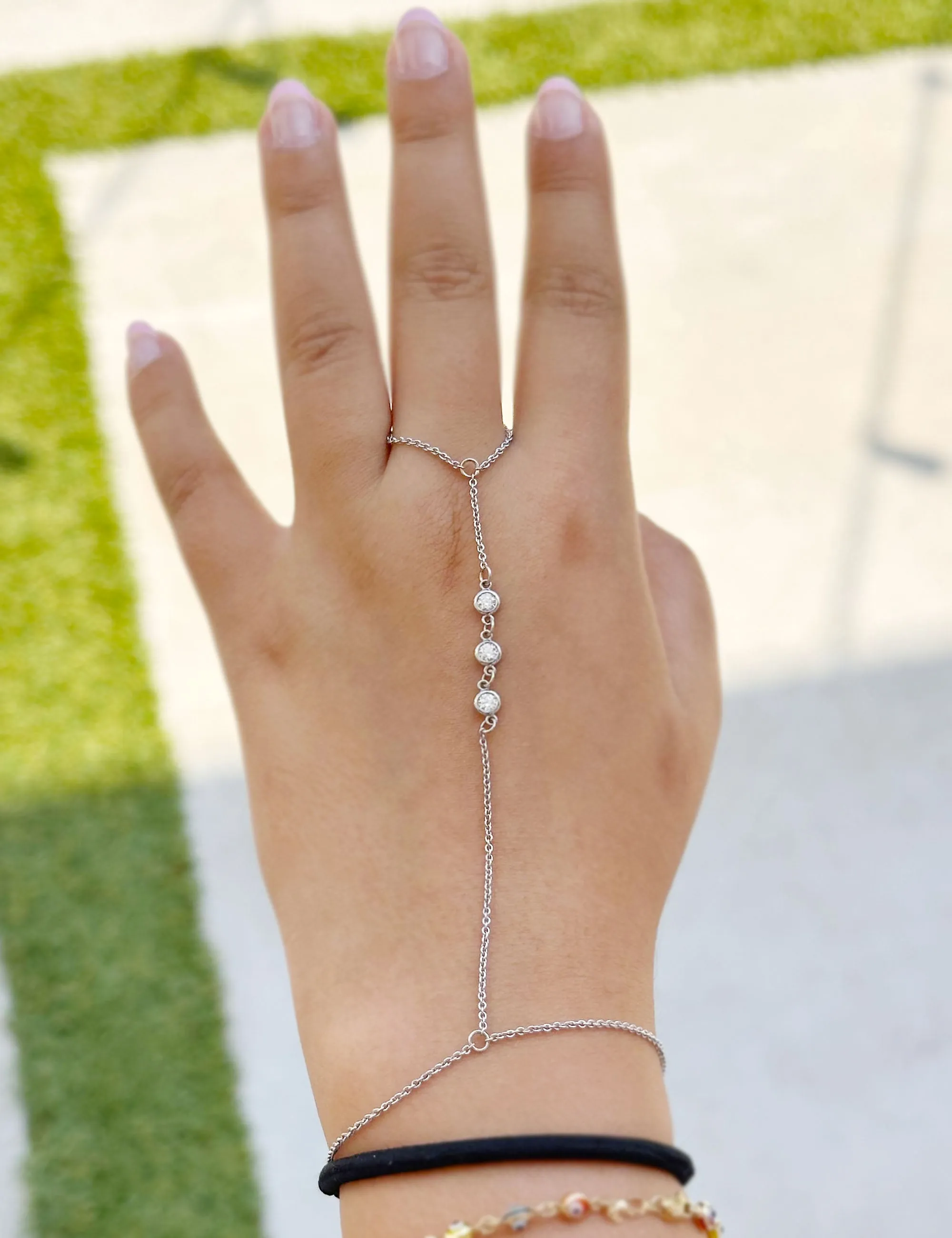 Finger Bracelet Moissanites Ring Bracelet In 14k Solid White Gold Hand Chain Bracelet Bezel Set Chain Bracelet Gift 0.30ctw