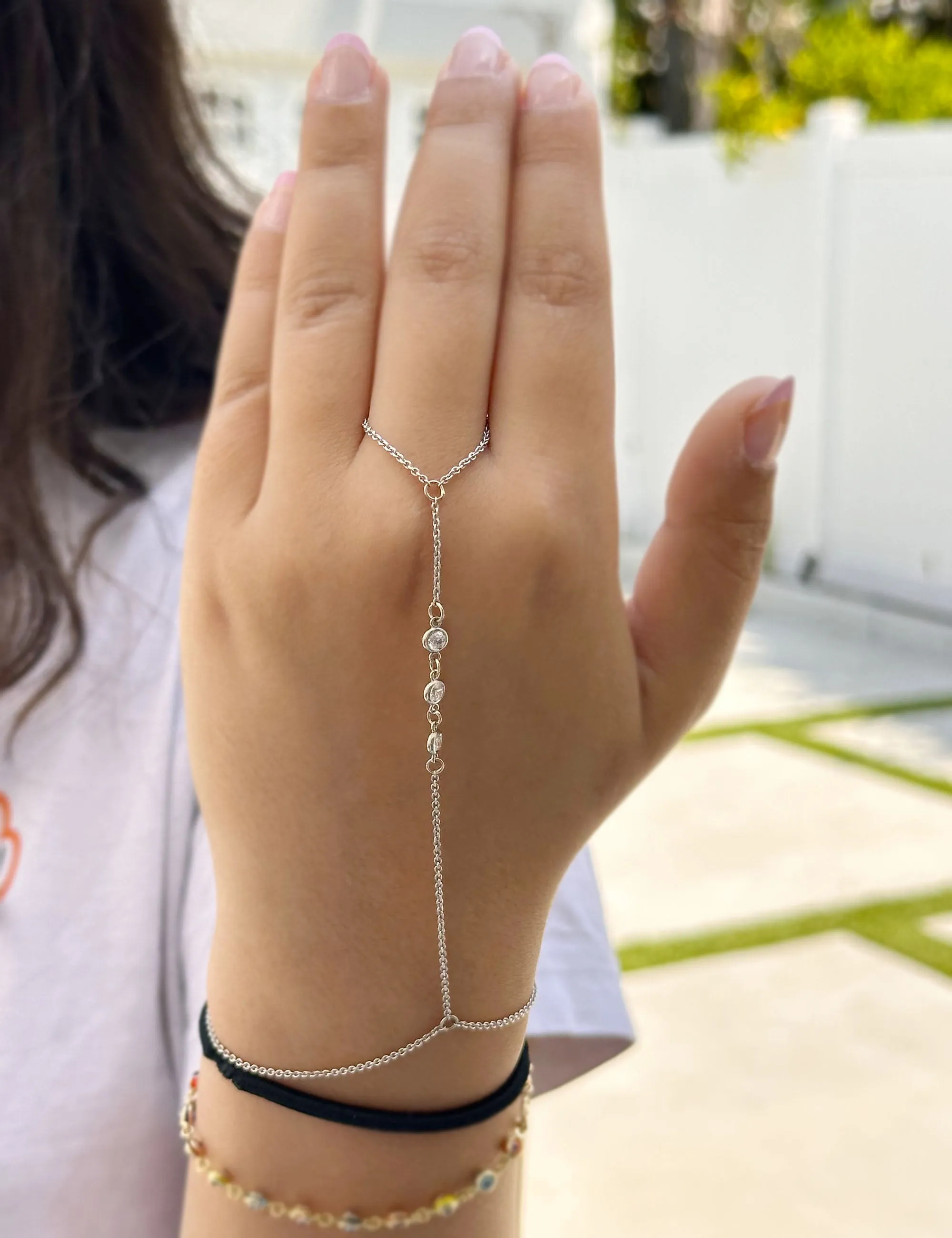 Finger Bracelet Moissanites Ring Bracelet In 14k Solid White Gold Hand Chain Bracelet Bezel Set Chain Bracelet Gift 0.30ctw