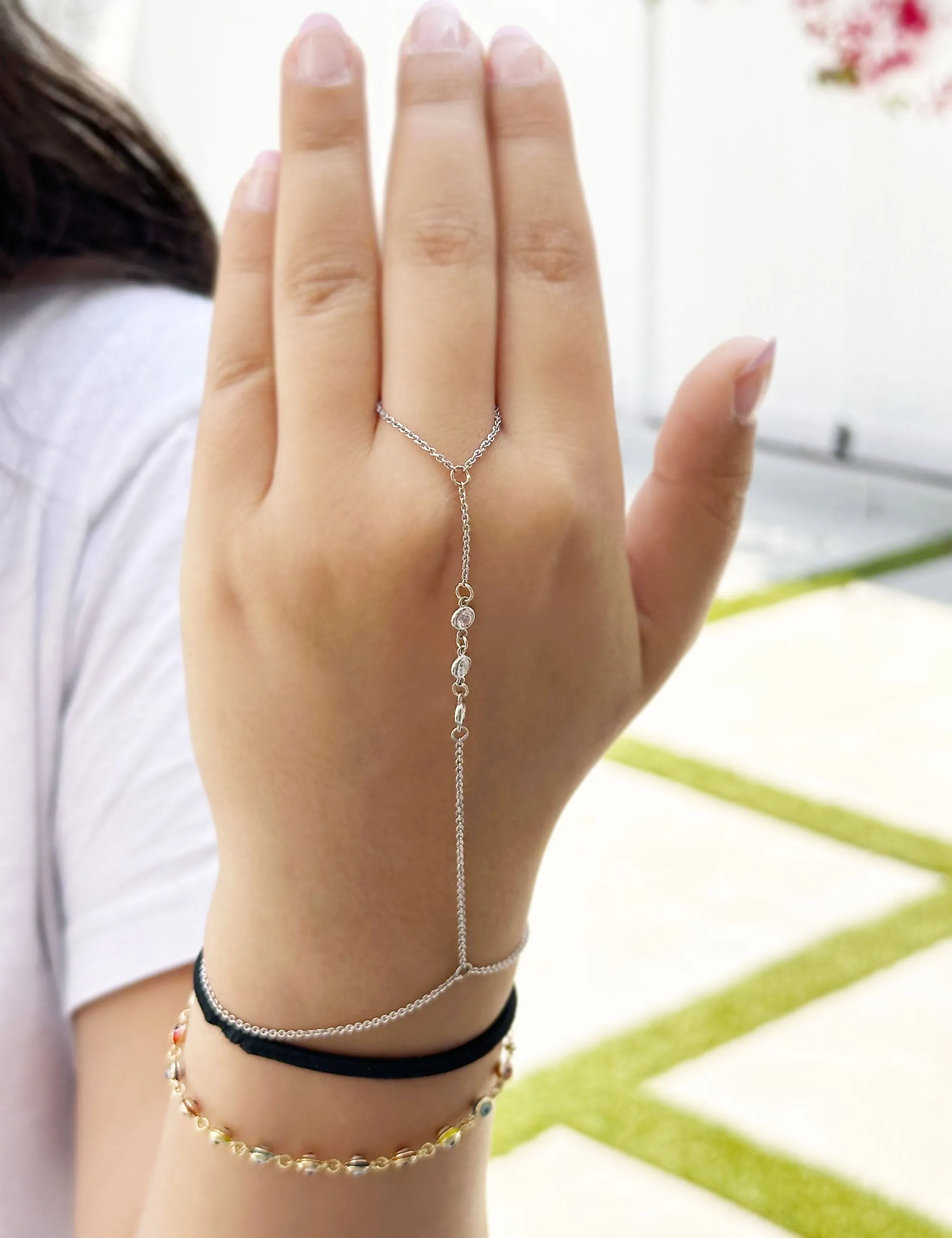 Finger Bracelet Moissanites Ring Bracelet In 14k Solid White Gold Hand Chain Bracelet Bezel Set Chain Bracelet Gift 0.30ctw