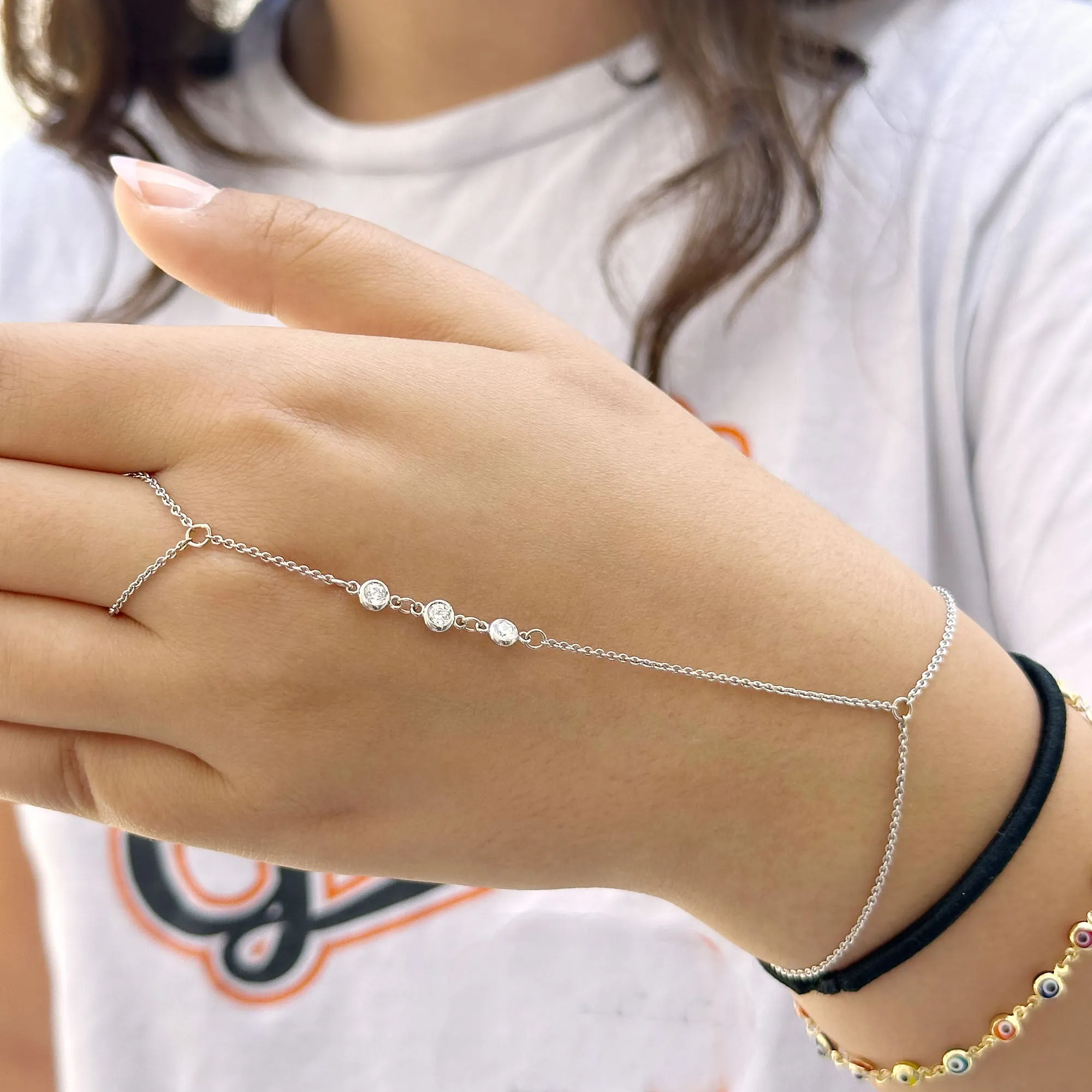 Finger Bracelet Moissanites Ring Bracelet In 14k Solid White Gold Hand Chain Bracelet Bezel Set Chain Bracelet Gift 0.30ctw