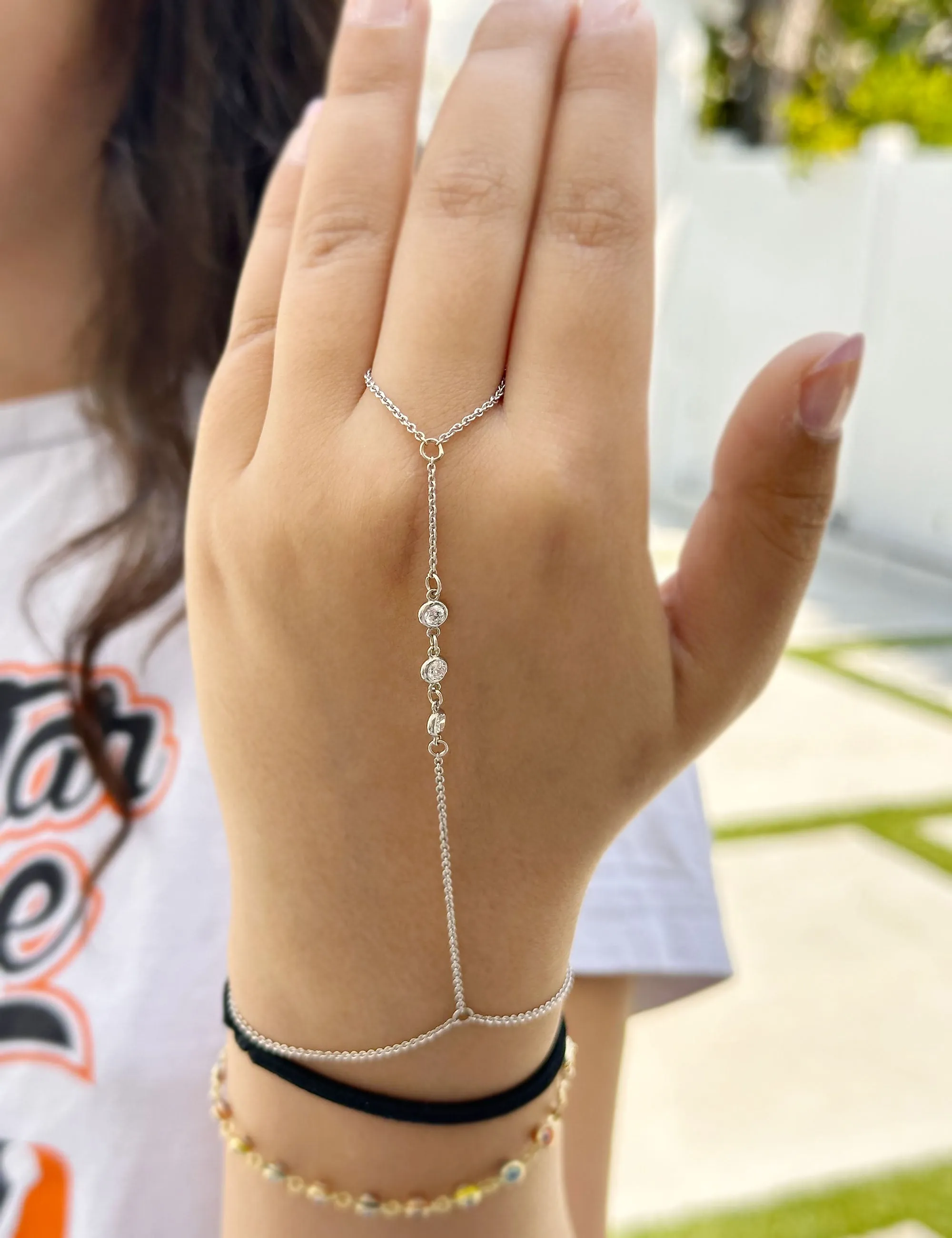Finger Bracelet Moissanites Ring Bracelet In 14k Solid White Gold Hand Chain Bracelet Bezel Set Chain Bracelet Gift 0.30ctw