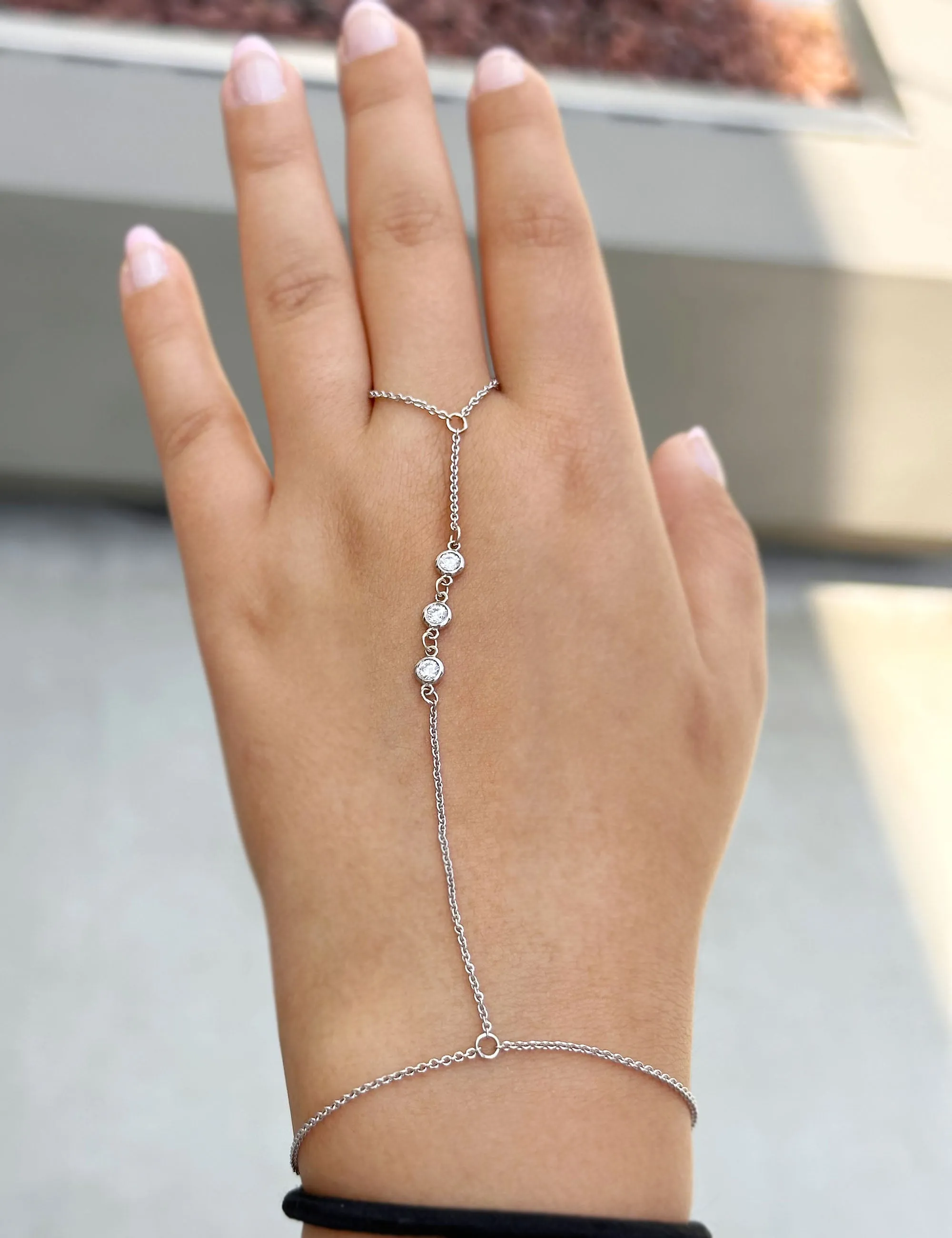 Finger Bracelet Moissanites Ring Bracelet In 14k Solid White Gold Hand Chain Bracelet Bezel Set Chain Bracelet Gift 0.30ctw