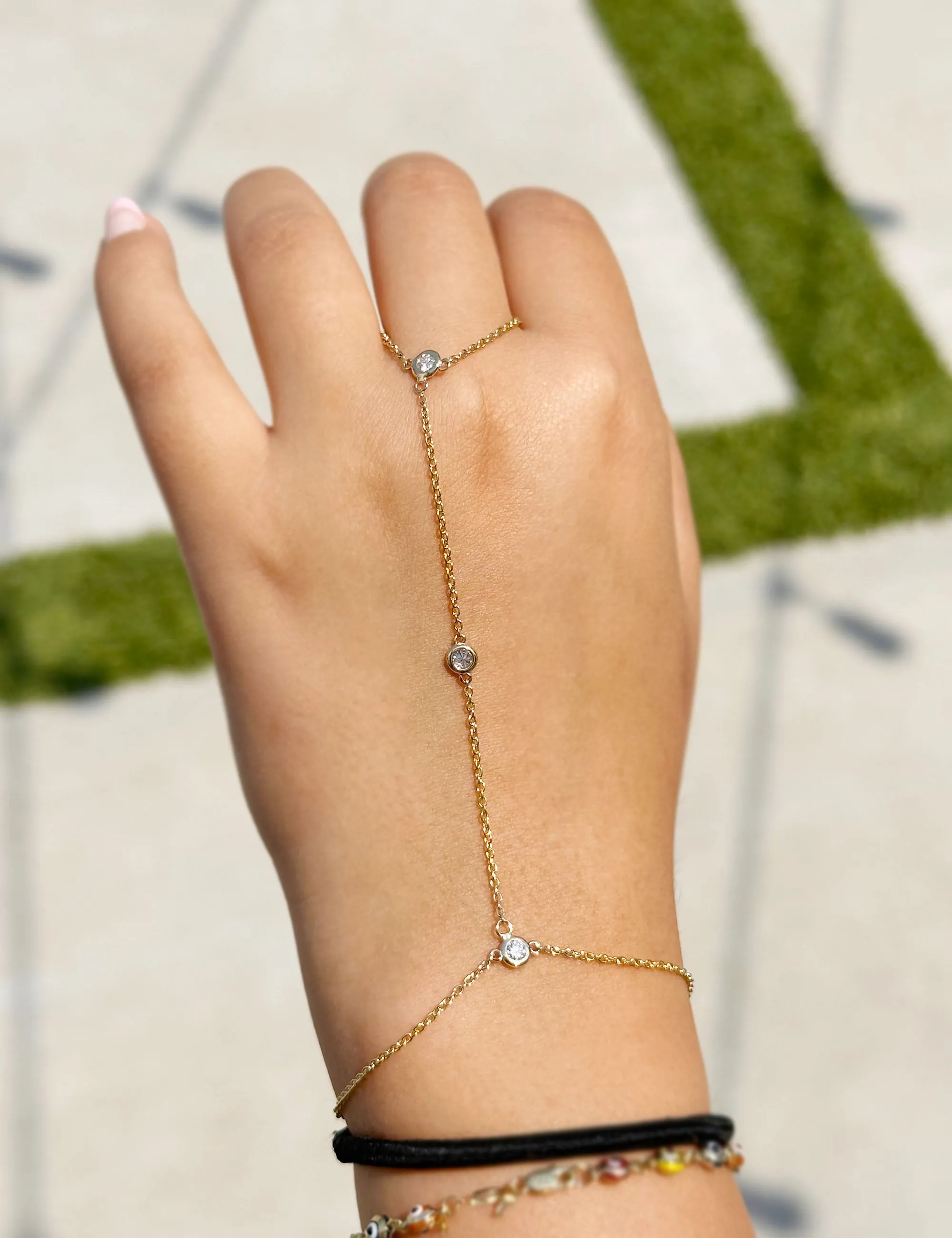 Finger Bracelet Moissanites Ring Bracelet In 14k Solid Yellow Gold Hand Chain Bracelet Bezel Set Chain Bracelet Gift 0.30ctw