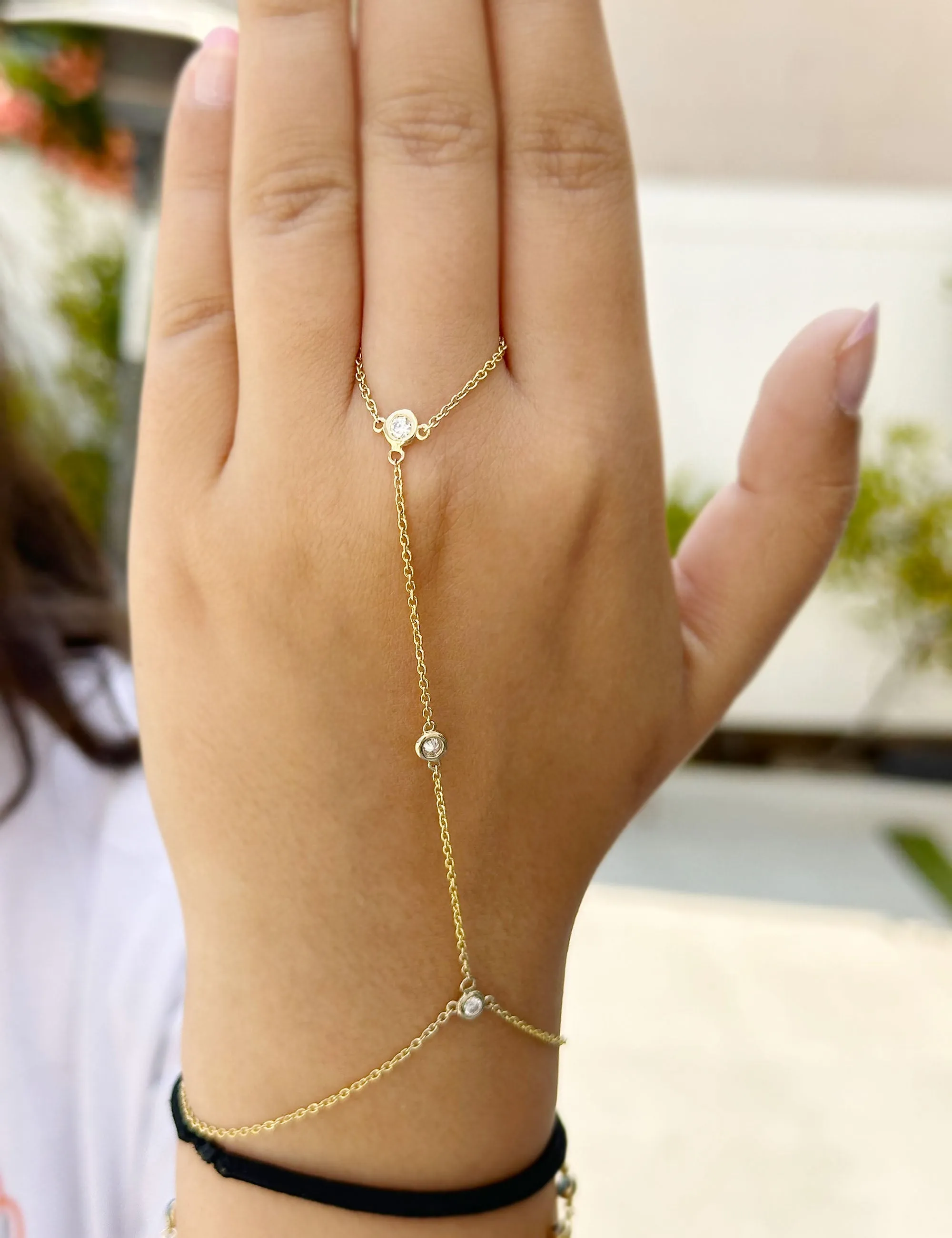 Finger Bracelet Moissanites Ring Bracelet In 14k Solid Yellow Gold Hand Chain Bracelet Bezel Set Chain Bracelet Gift 0.30ctw