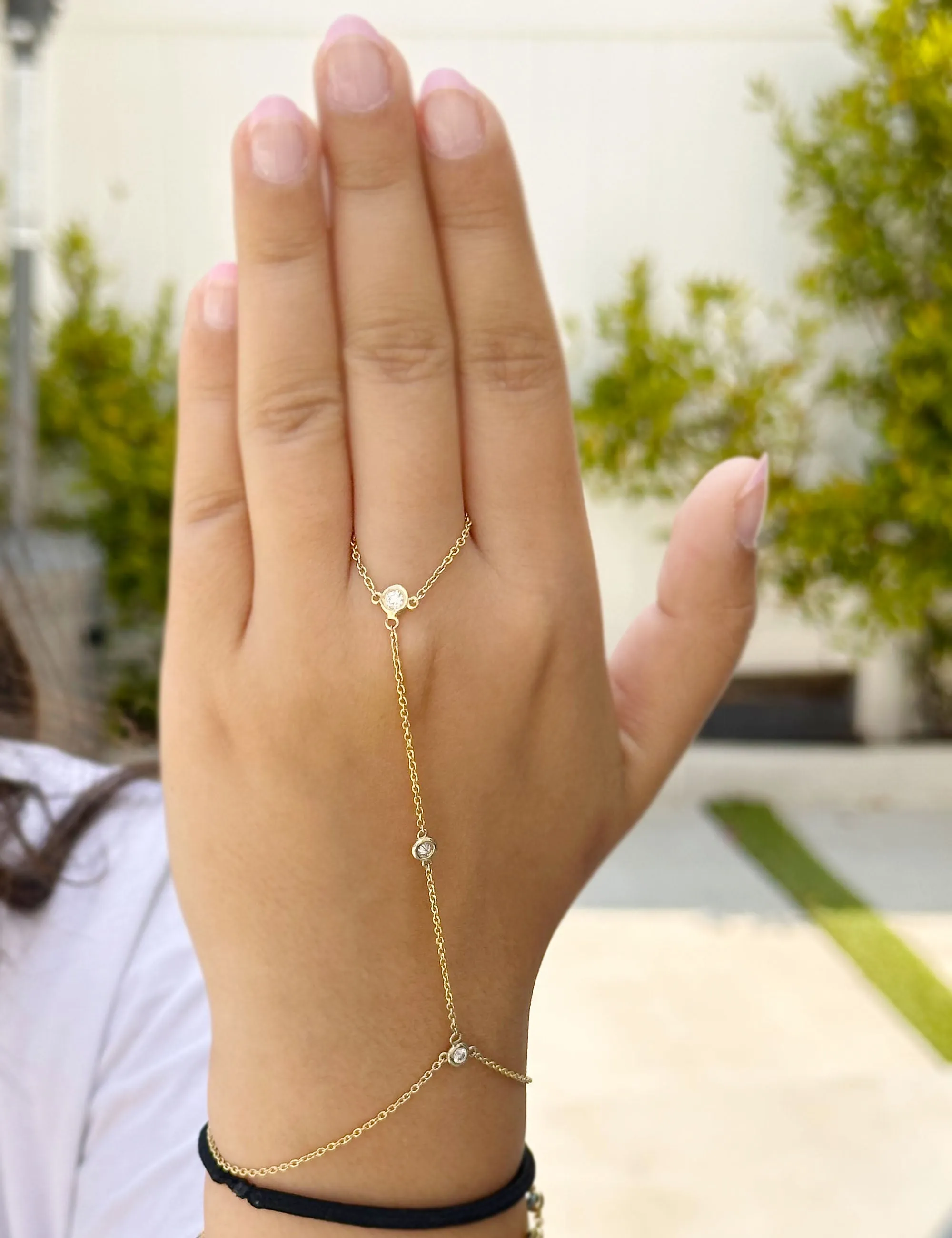 Finger Bracelet Moissanites Ring Bracelet In 14k Solid Yellow Gold Hand Chain Bracelet Bezel Set Chain Bracelet Gift 0.30ctw