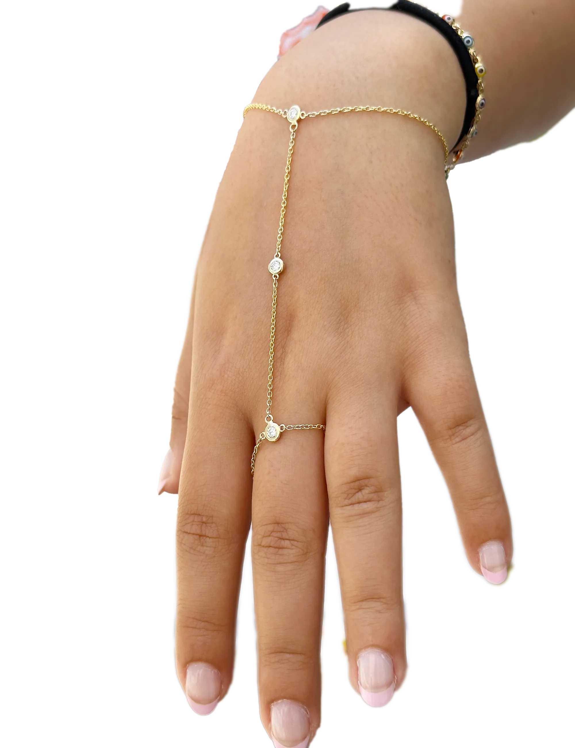 Finger Bracelet Moissanites Ring Bracelet In 14k Solid Yellow Gold Hand Chain Bracelet Bezel Set Chain Bracelet Gift 0.30ctw