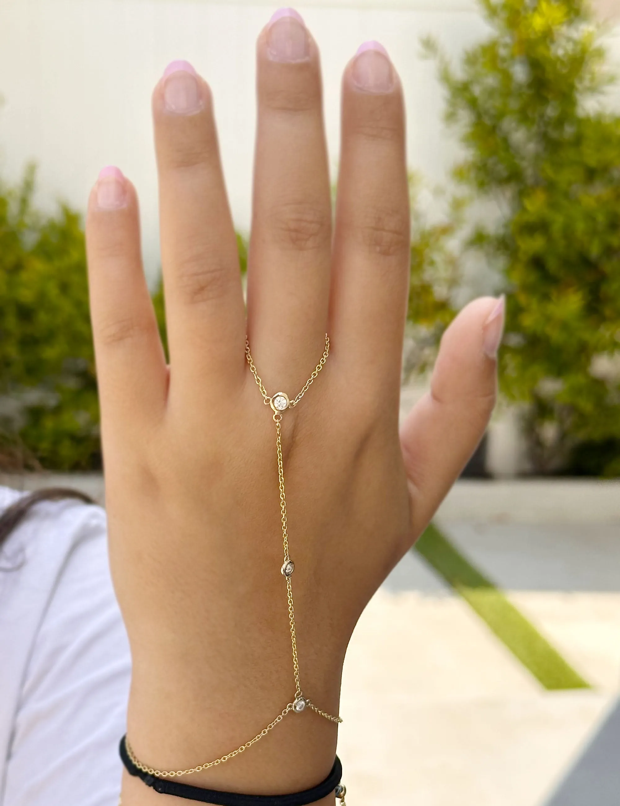 Finger Bracelet Moissanites Ring Bracelet In 14k Solid Yellow Gold Hand Chain Bracelet Bezel Set Chain Bracelet Gift 0.30ctw