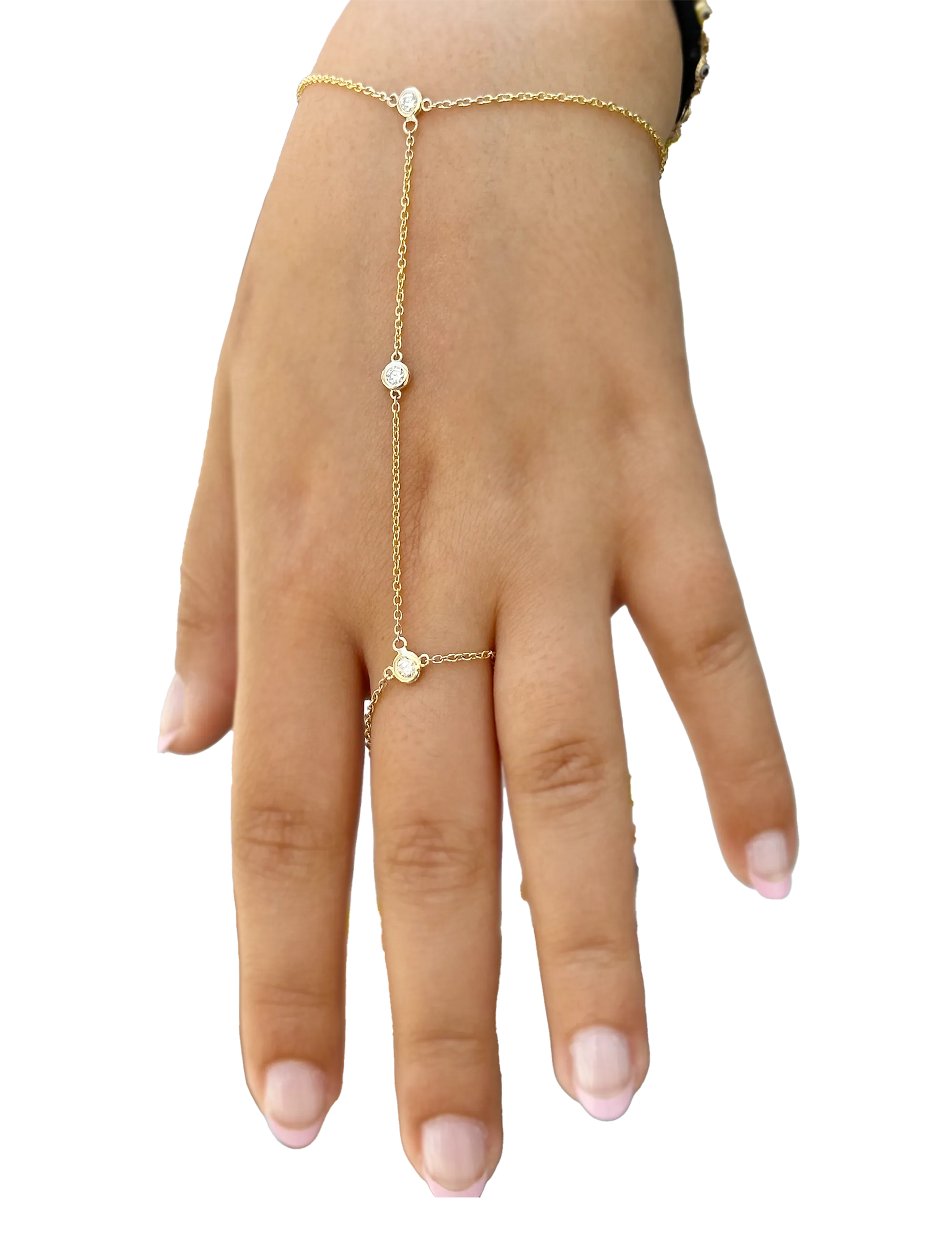 Finger Bracelet Moissanites Ring Bracelet In 14k Solid Yellow Gold Hand Chain Bracelet Bezel Set Chain Bracelet Gift 0.30ctw
