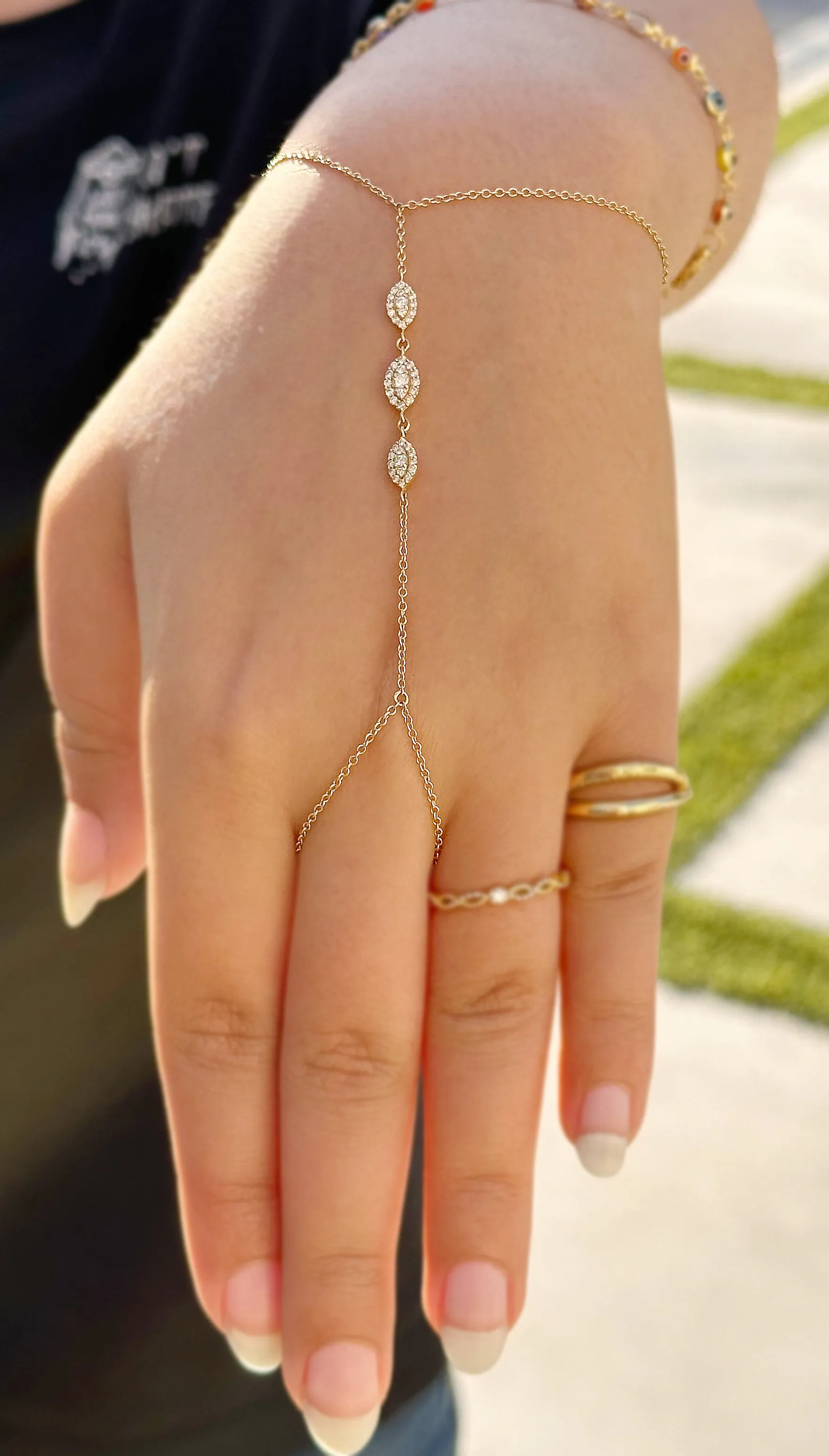 Finger Bracelet Moissanites Ring Bracelet Set In 14k Solid Yellow Gold Hand Chain Bracelet Marquee Shape Links Chain Bracelet Gift 0.65ctw