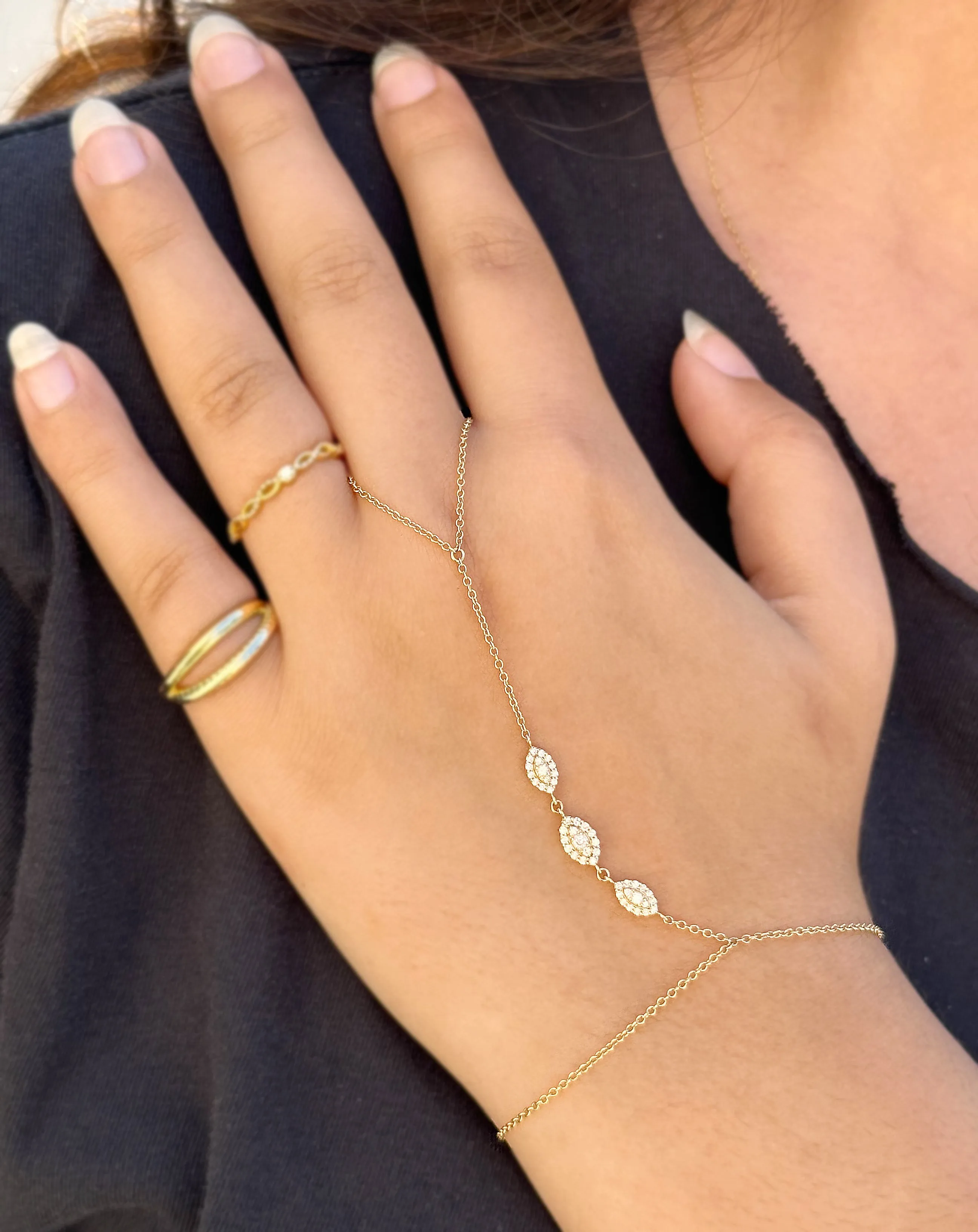Finger Bracelet Moissanites Ring Bracelet Set In 14k Solid Yellow Gold Hand Chain Bracelet Marquee Shape Links Chain Bracelet Gift 0.65ctw