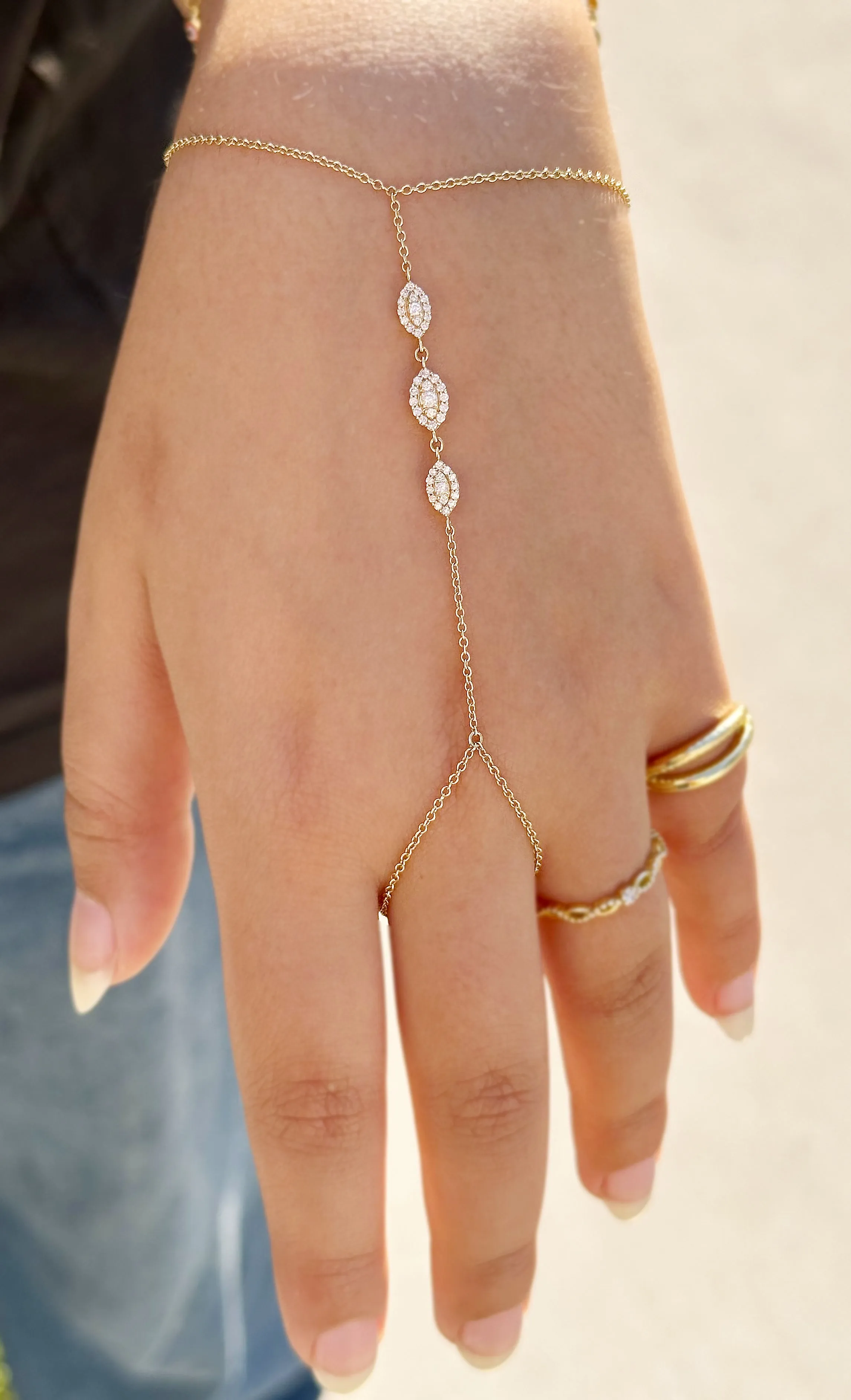 Finger Bracelet Moissanites Ring Bracelet Set In 14k Solid Yellow Gold Hand Chain Bracelet Marquee Shape Links Chain Bracelet Gift 0.65ctw