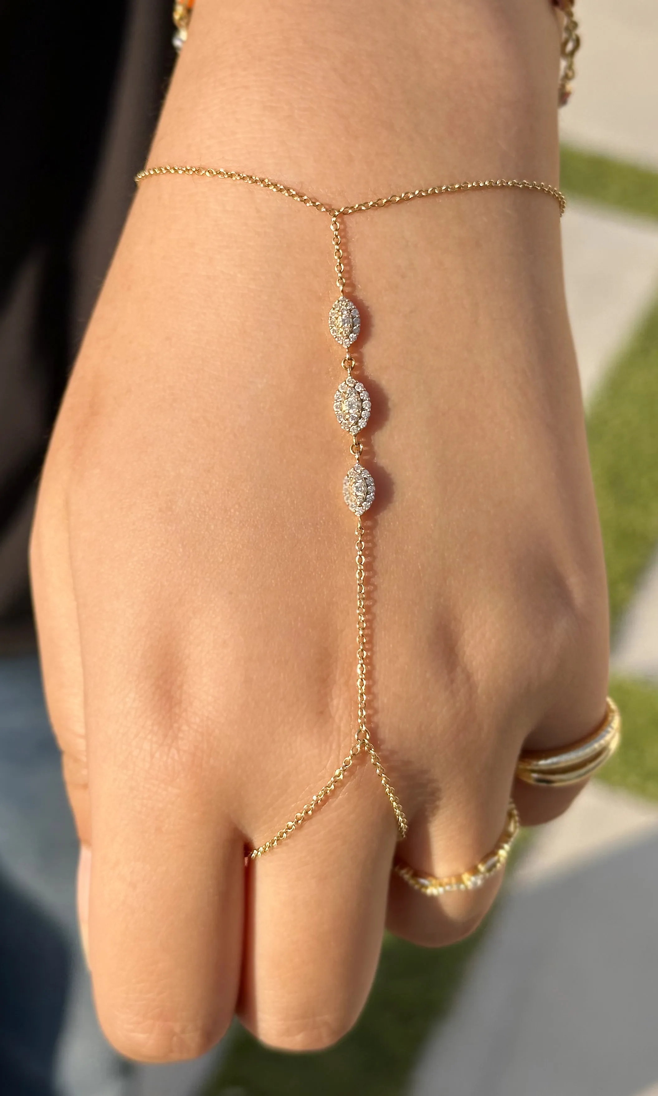 Finger Bracelet Moissanites Ring Bracelet Set In 14k Solid Yellow Gold Hand Chain Bracelet Marquee Shape Links Chain Bracelet Gift 0.65ctw