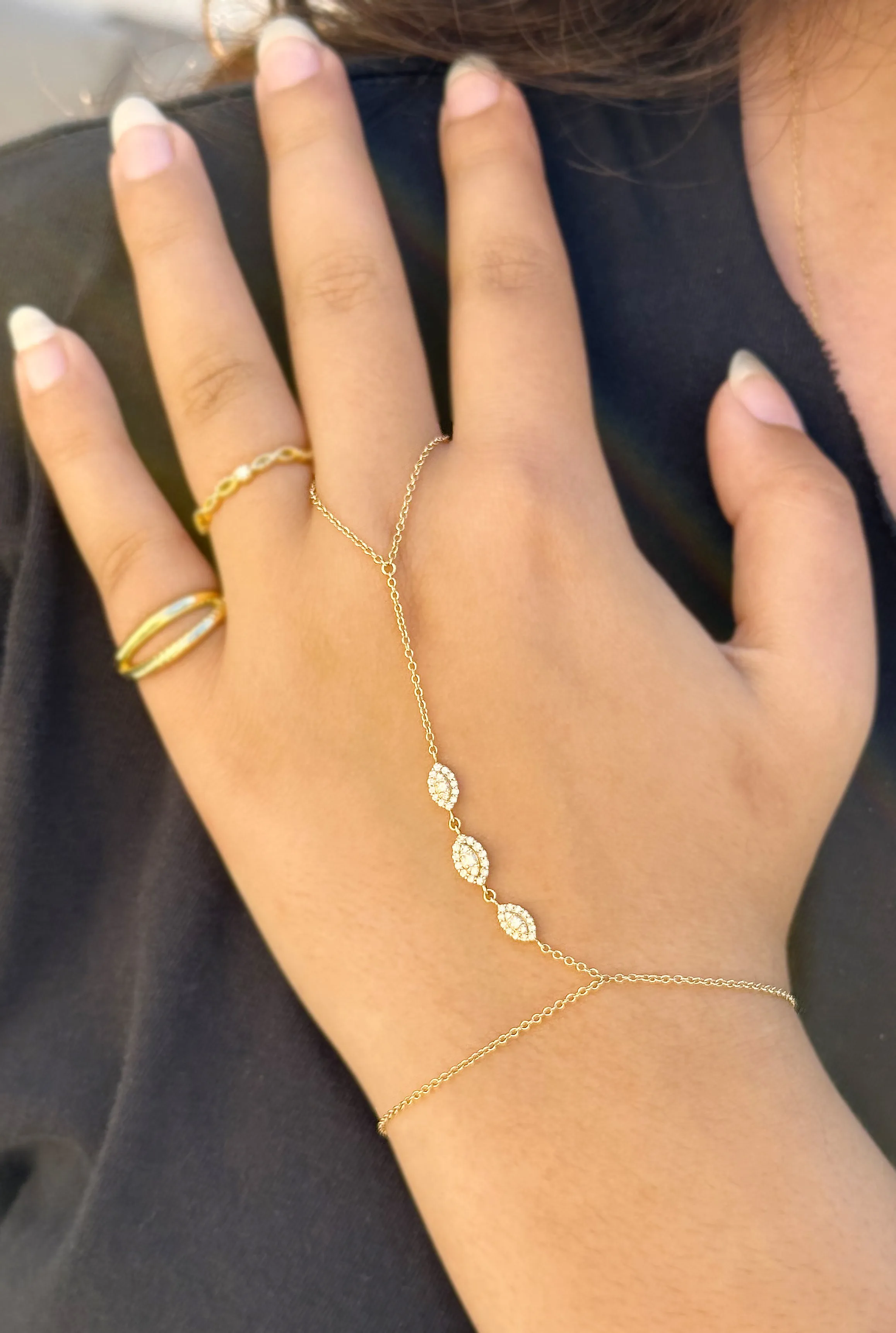 Finger Bracelet Moissanites Ring Bracelet Set In 14k Solid Yellow Gold Hand Chain Bracelet Marquee Shape Links Chain Bracelet Gift 0.65ctw
