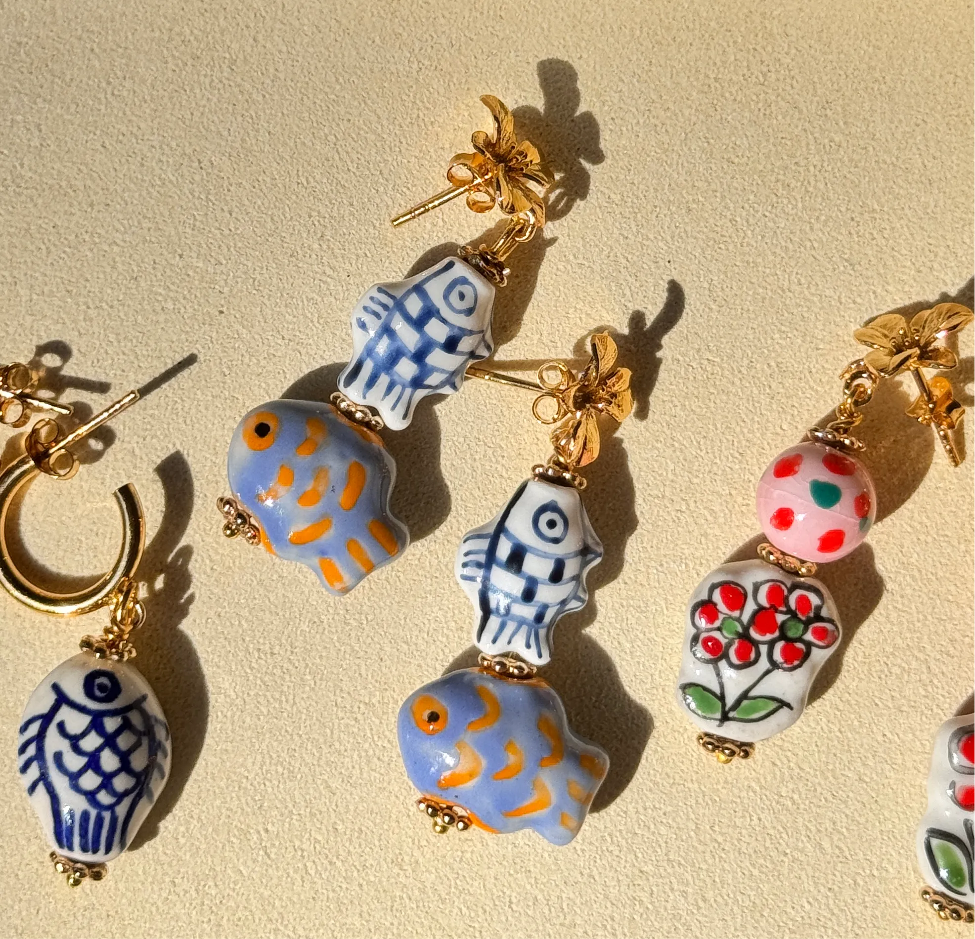 Floral Fish Painted Porcelain Earrings