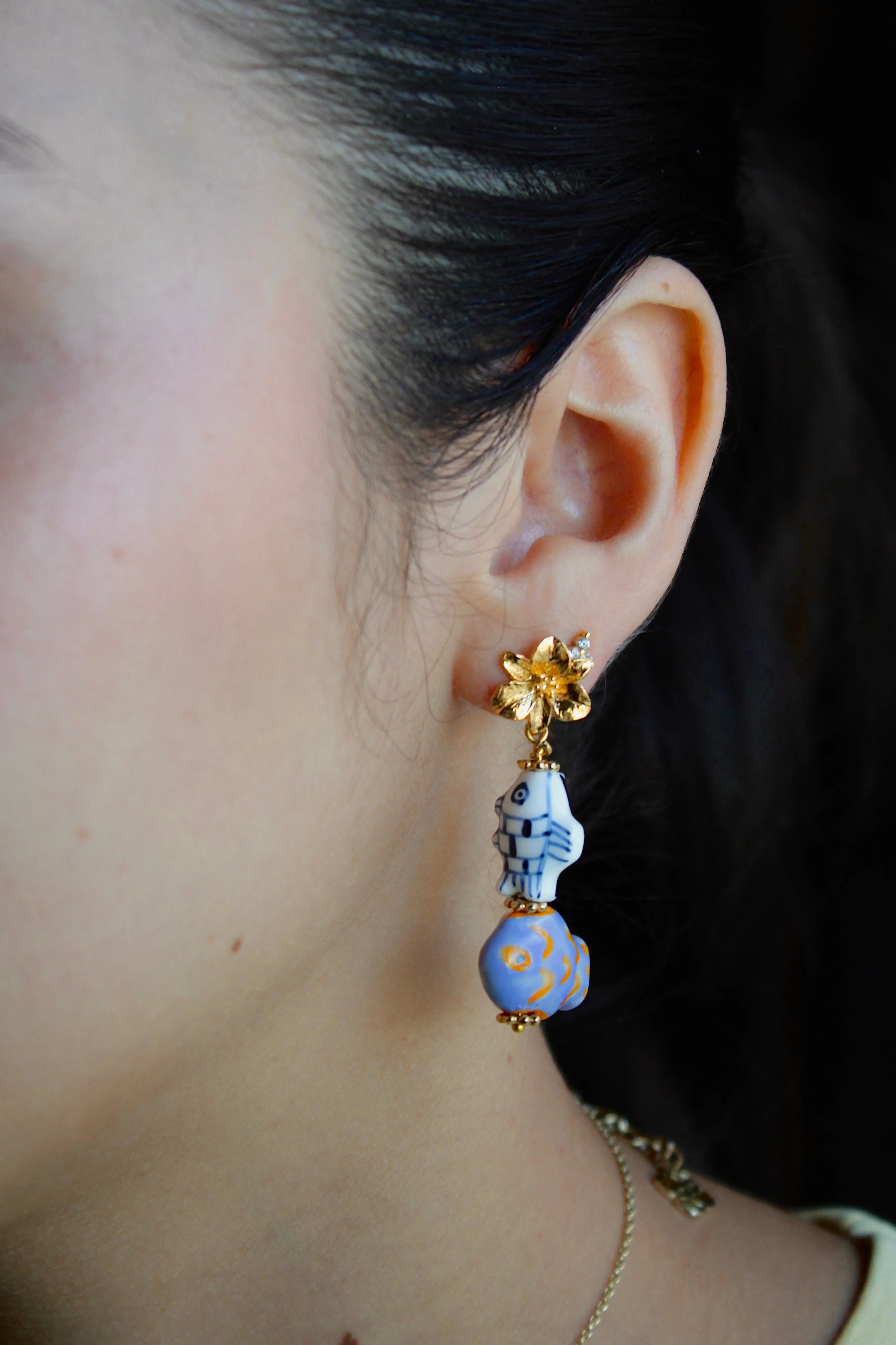 Floral Fish Painted Porcelain Earrings