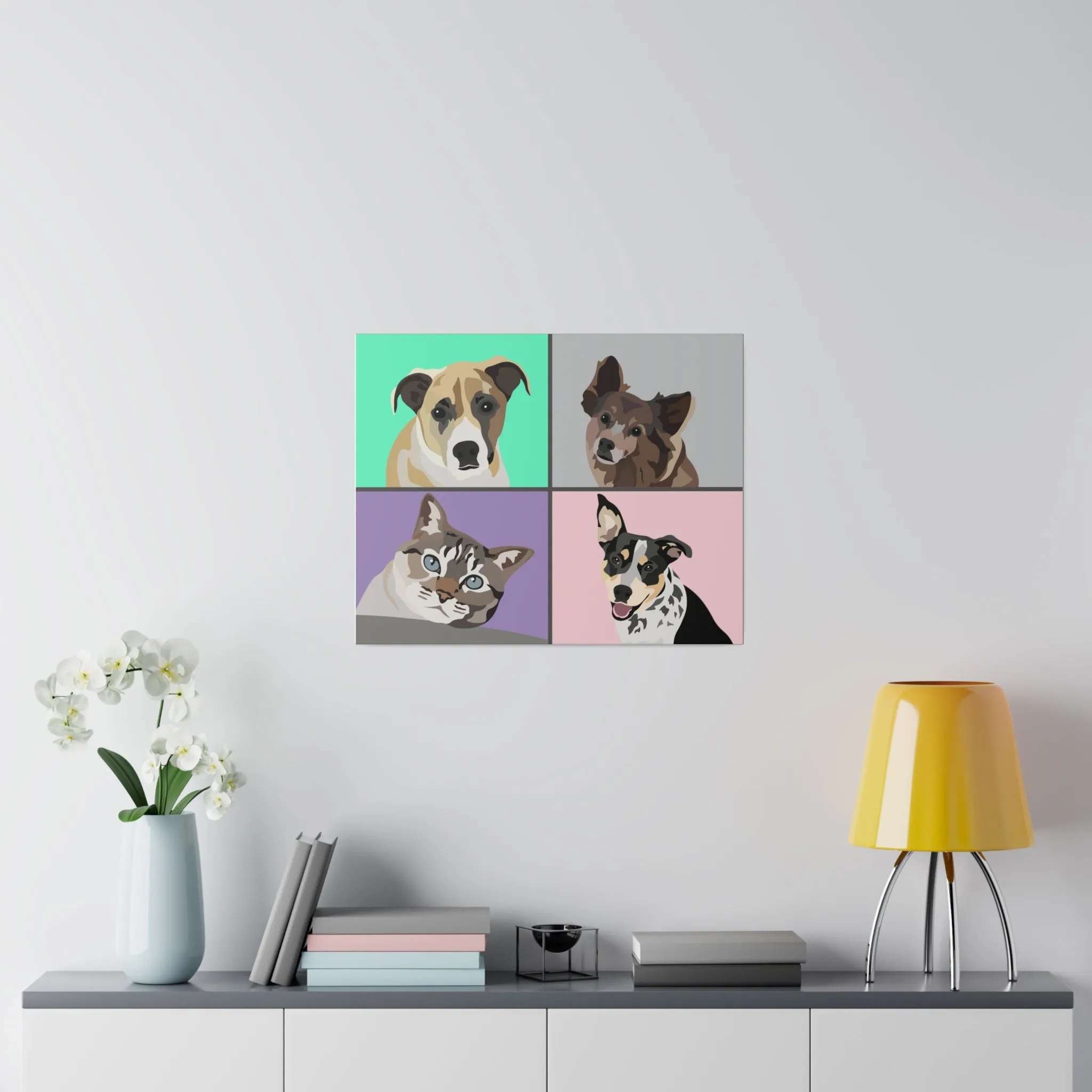 Four Pet Portrait on Canvas - Grid Design | Choose 4 Colors Background | Custom Hand-Drawn Pet Portrait in Cartoon-Realism Style