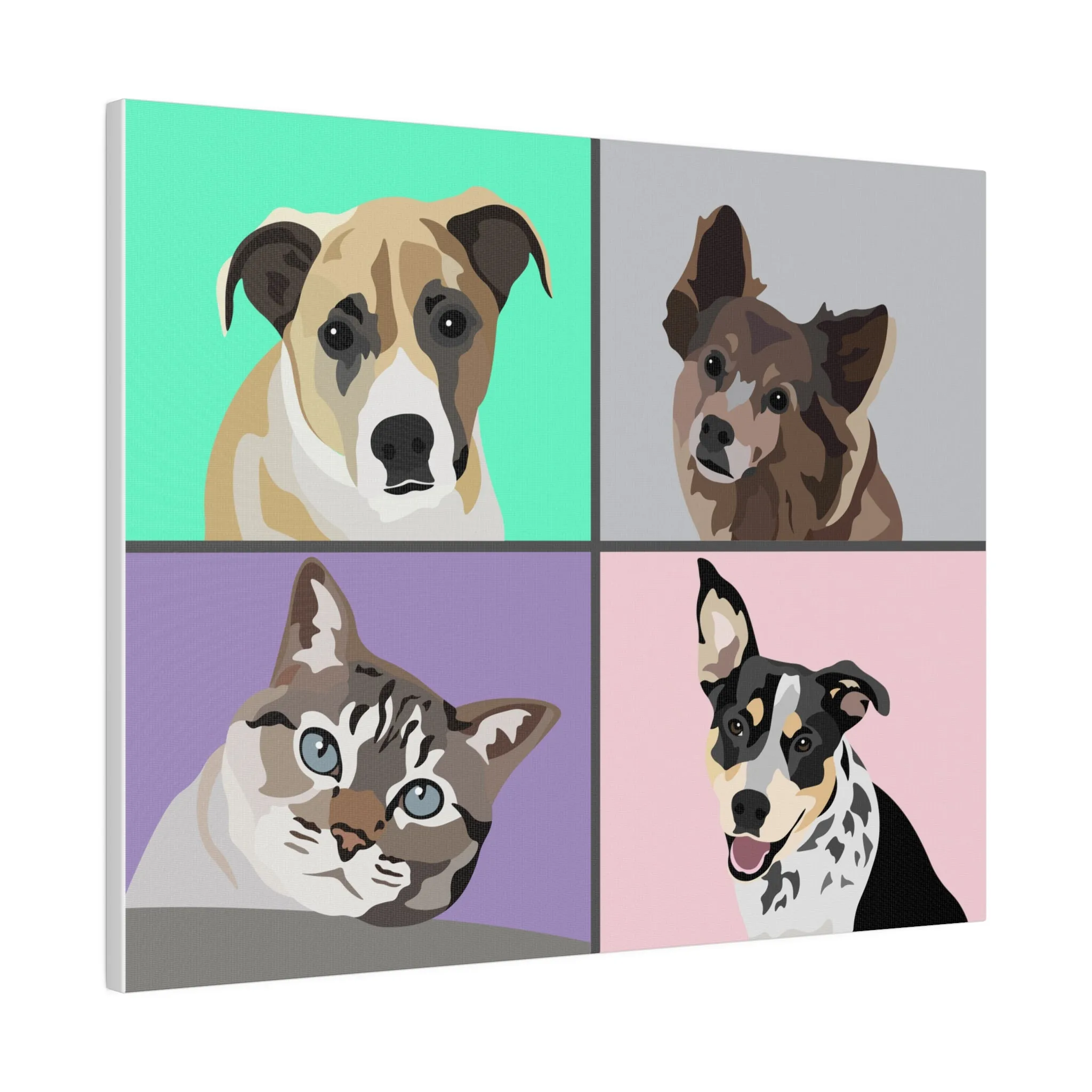 Four Pet Portrait on Canvas - Grid Design | Choose 4 Colors Background | Custom Hand-Drawn Pet Portrait in Cartoon-Realism Style