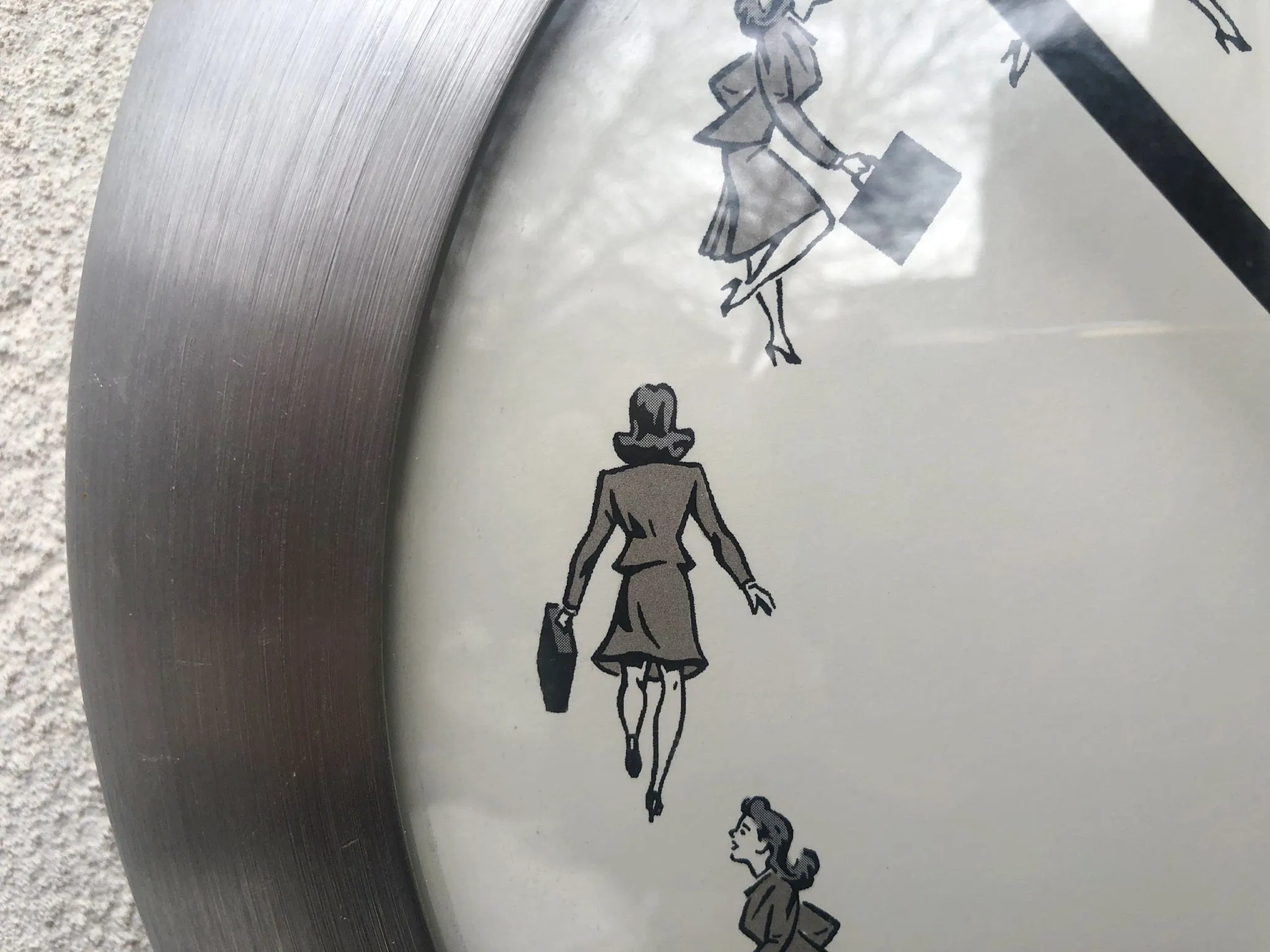 FoxKlox USA Wall Clock Round Brushed Aluminum, 1940's Woman On The Go