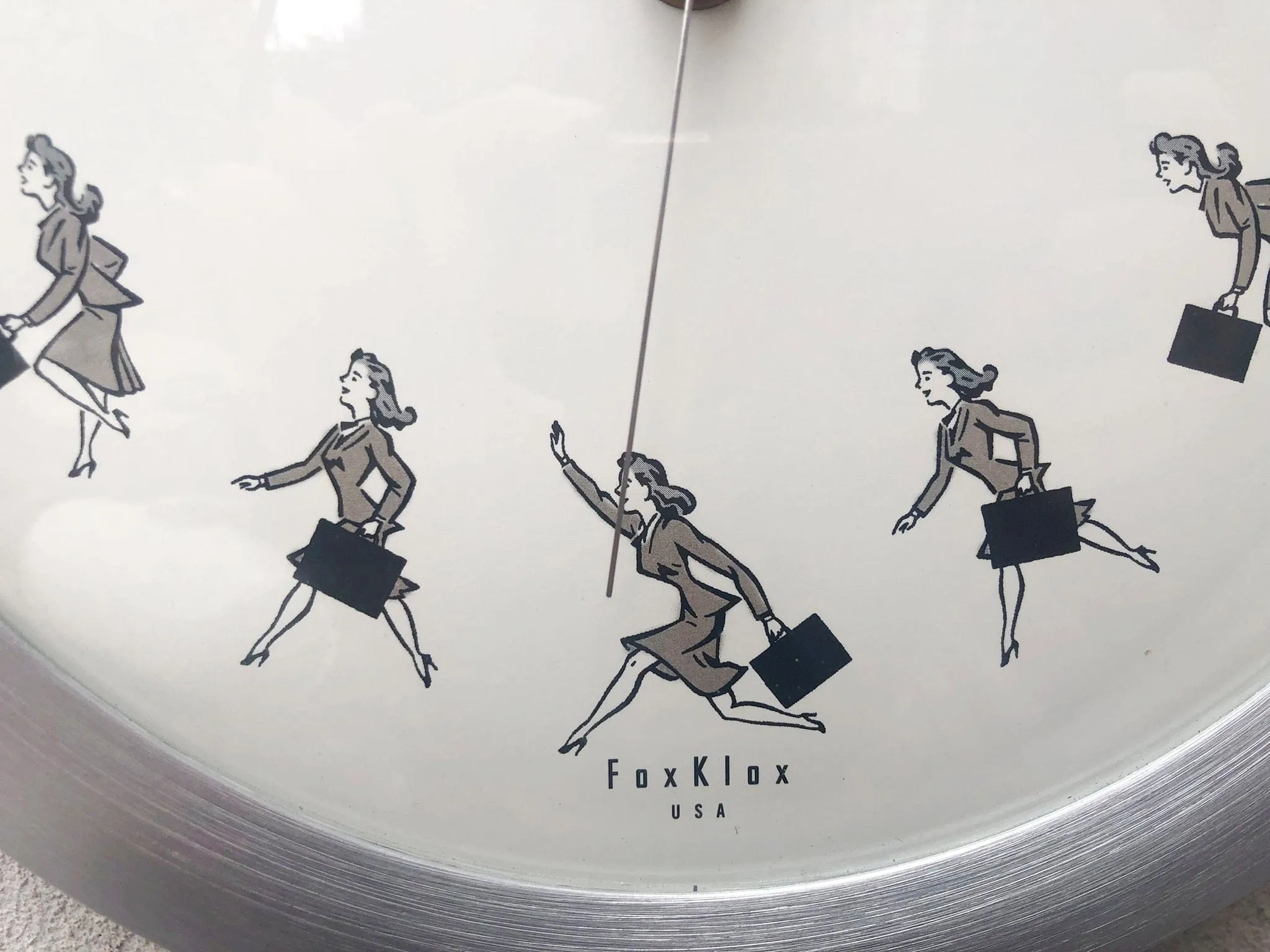 FoxKlox USA Wall Clock Round Brushed Aluminum, 1940's Woman On The Go