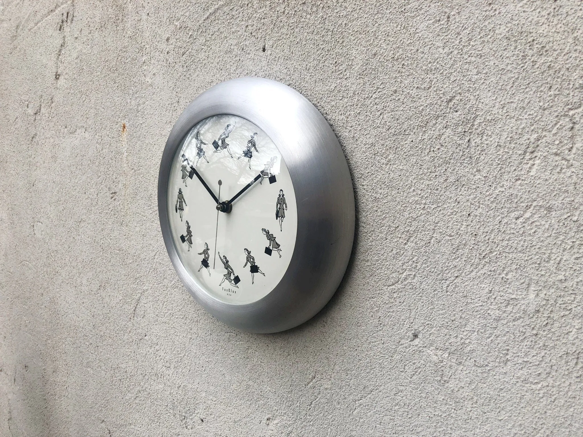 FoxKlox USA Wall Clock Round Brushed Aluminum, 1940's Woman On The Go