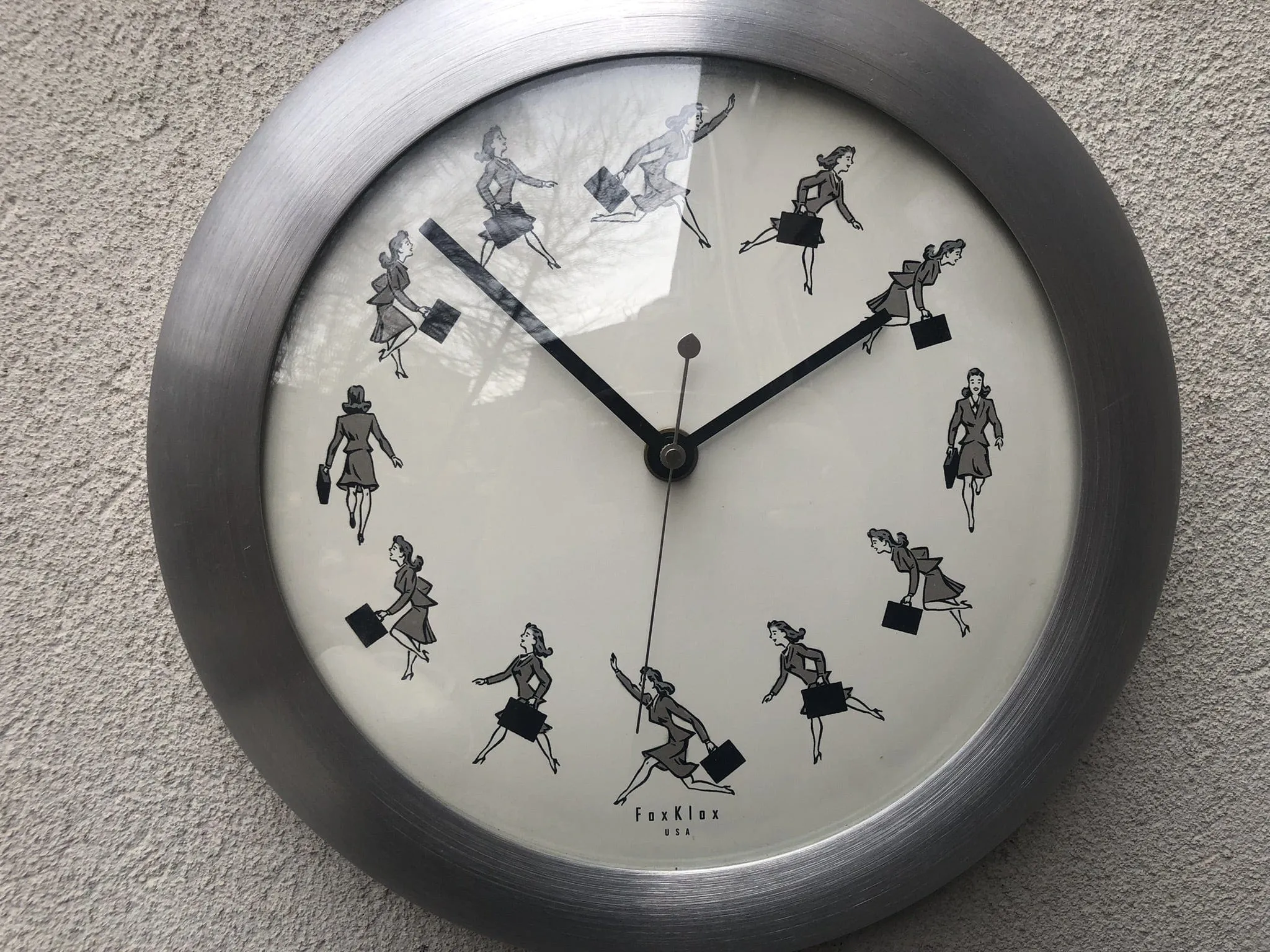 FoxKlox USA Wall Clock Round Brushed Aluminum, 1940's Woman On The Go