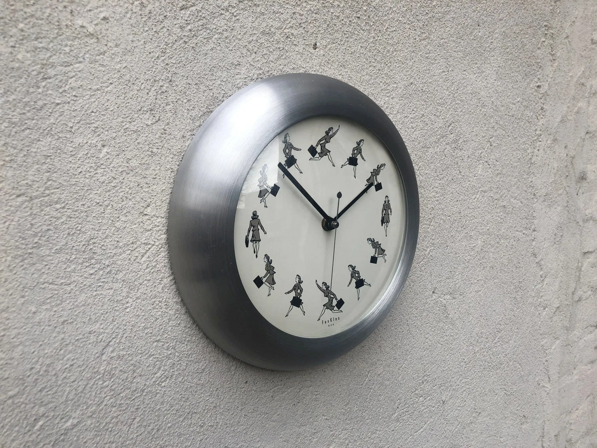 FoxKlox USA Wall Clock Round Brushed Aluminum, 1940's Woman On The Go