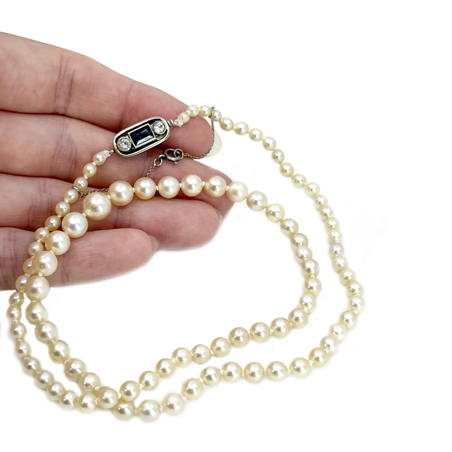 French Art Deco Japanese Cultured Akoya Pearl Spinel Paste Necklace -Sterling Silver 20.50 Inch