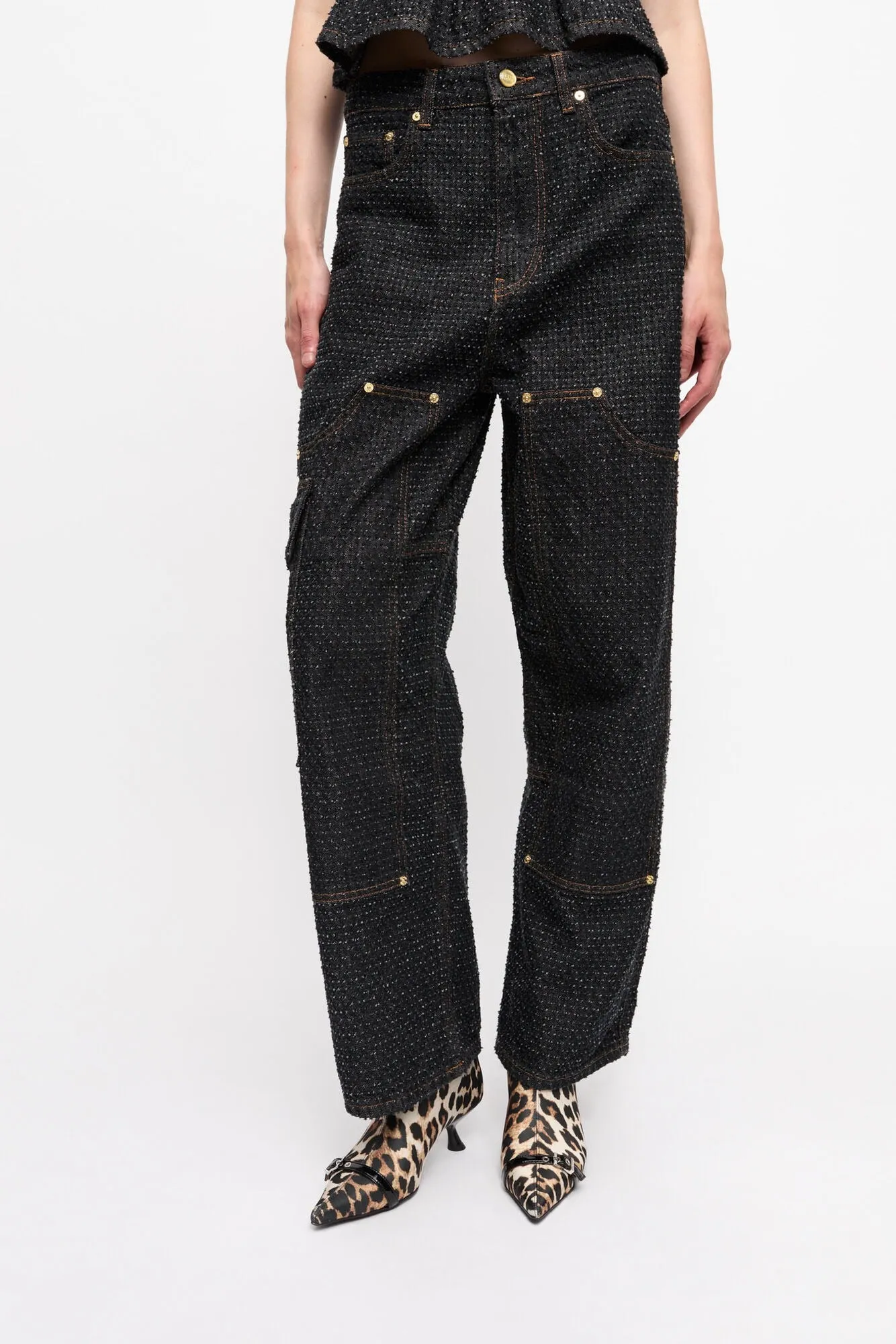 Ganni Fluffy Denim Carpenter Jeans in Black
