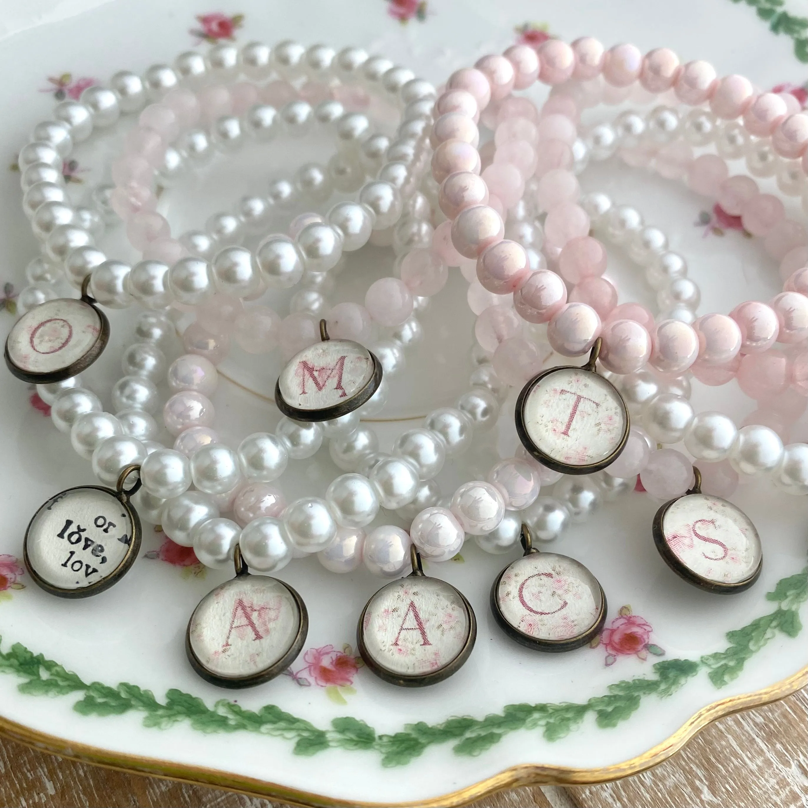 Garden Party Coquette Style Beaded Charm Bracelet with Initial Charm