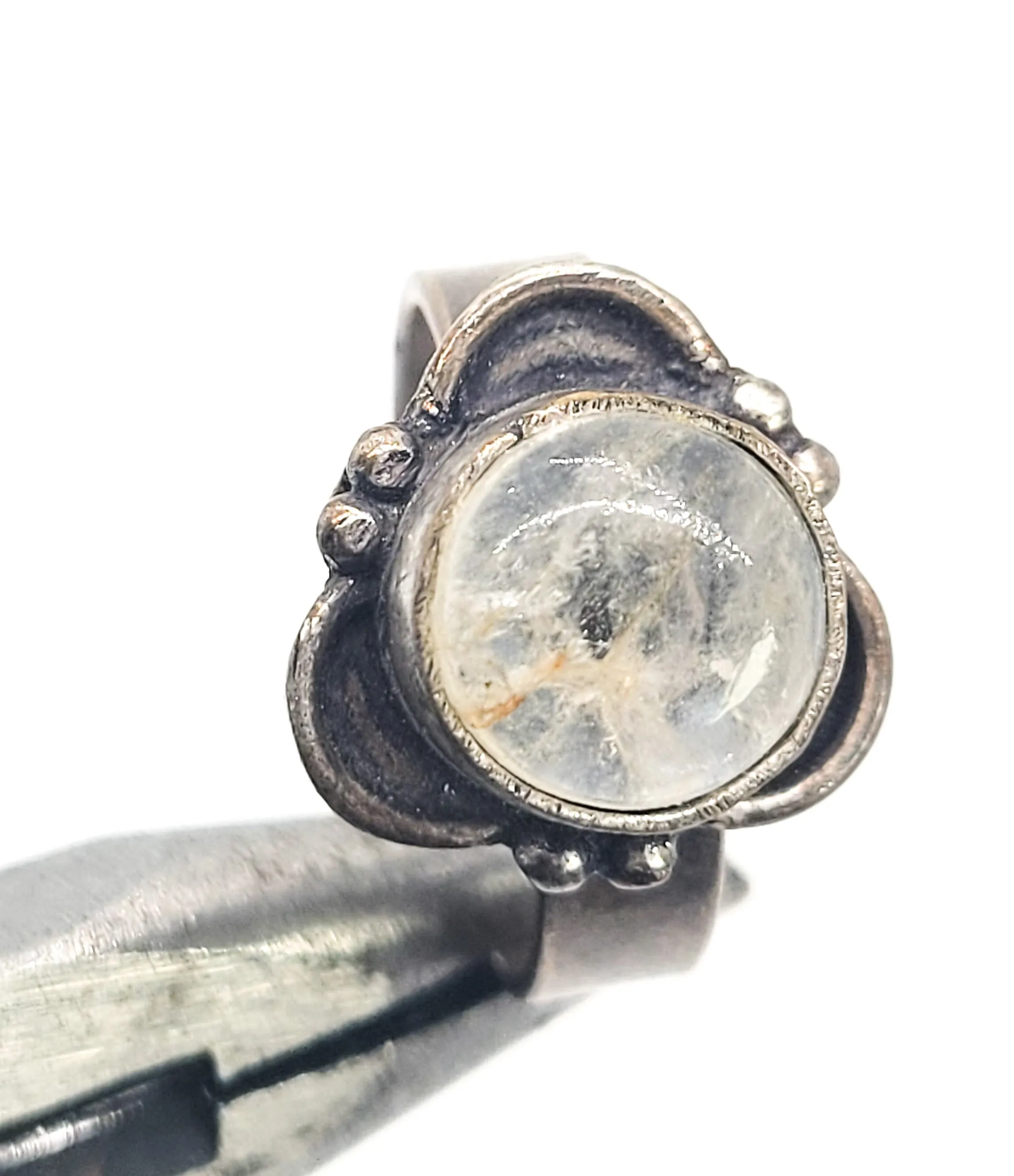 Garden Quartz Lodolite silver plated adjustable Balinese tribal style gemstone ring