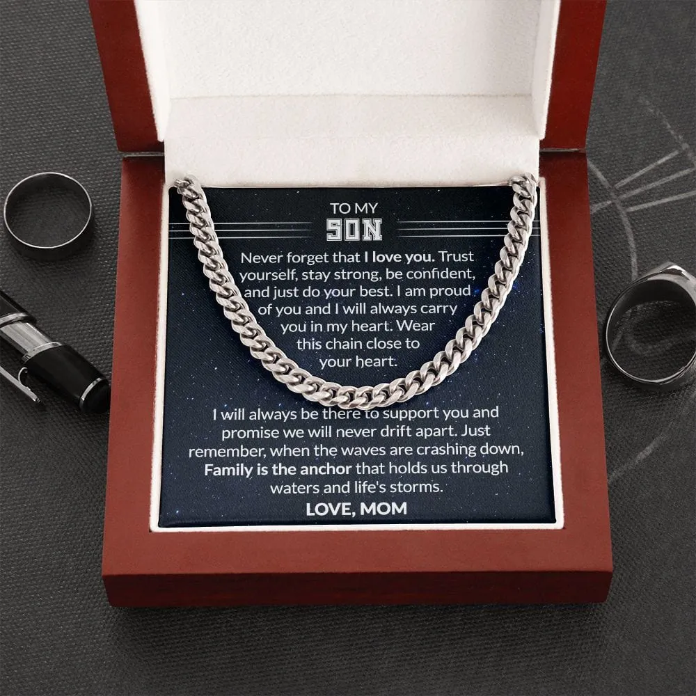 Gift For Son - Family Is The Anchor - Cuban Link Chain With Message Card - Son Gift For Birthday, Christmas, Special Occasion From Mom, Mother