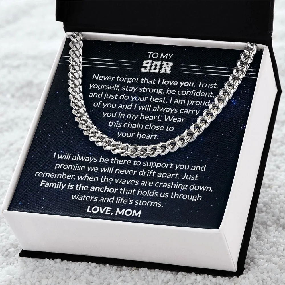 Gift For Son - Family Is The Anchor - Cuban Link Chain With Message Card - Son Gift For Birthday, Christmas, Special Occasion From Mom, Mother