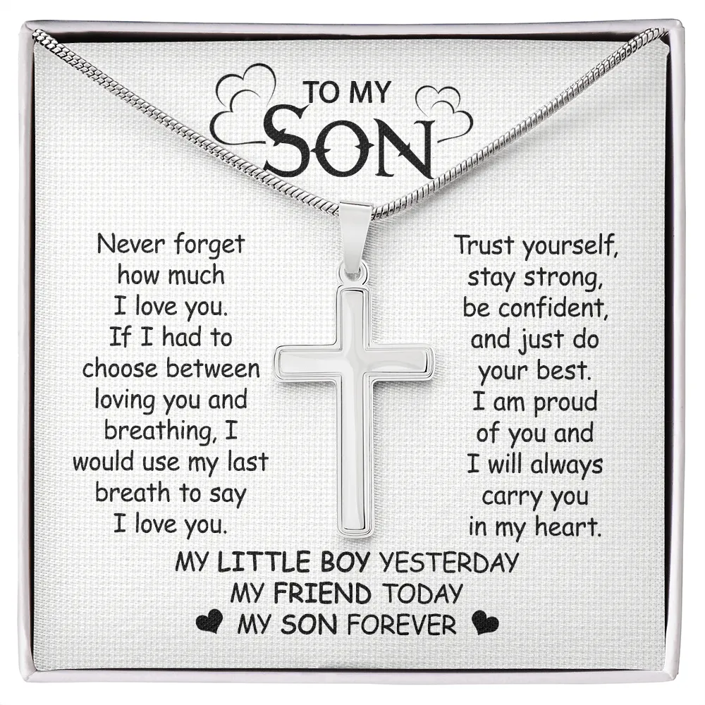 Gift For Son - Never Forget My Love - Cross Necklace With Message Card - Son Gift For Birthday, Christmas, Special Occasion From Mom, Dad