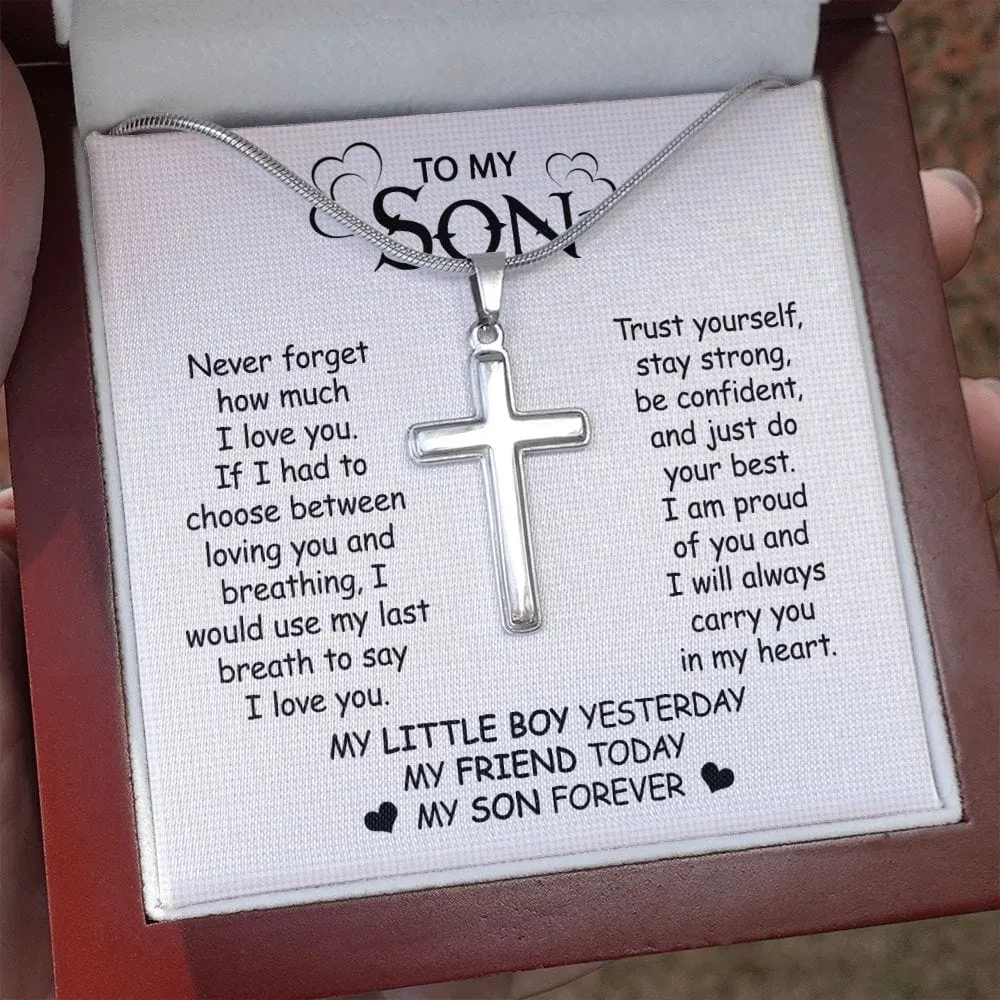 Gift For Son - Never Forget My Love - Cross Necklace With Message Card - Son Gift For Birthday, Christmas, Special Occasion From Mom, Dad