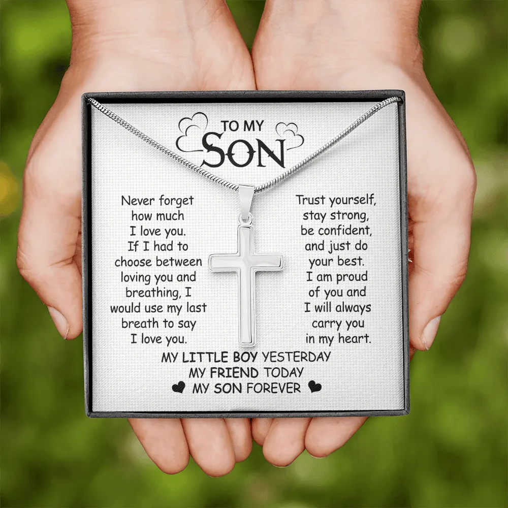 Gift For Son - Never Forget My Love - Cross Necklace With Message Card - Son Gift For Birthday, Christmas, Special Occasion From Mom, Dad