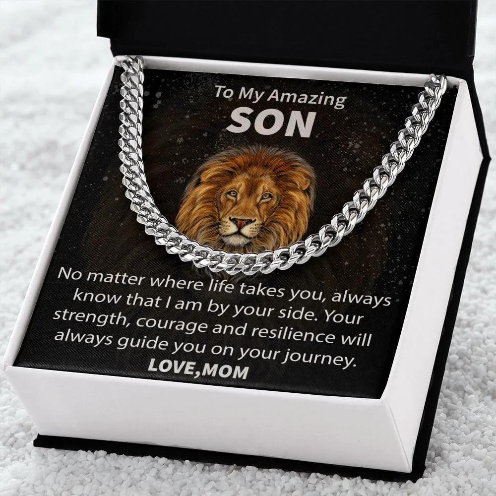 Gift For Son - No Matter Where Life Takes You - Cuban Link Chain Necklace Message Card - Son Gift For Birthday, Christmas, Special Occasion From Mom, Mother