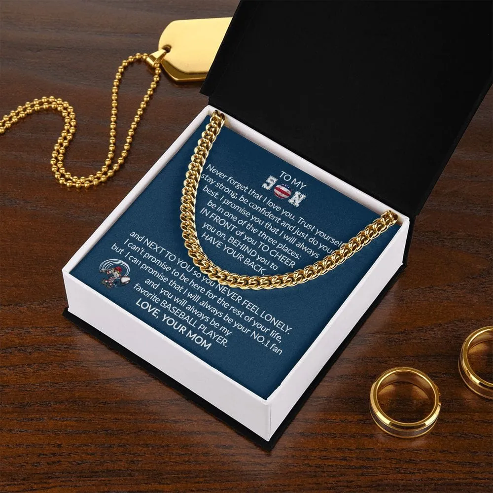 Gift To My Baseball Son - Biggest Fan - Cuban Link Chain With Message Card - Gift For Birthday, Christmas, Special Occasion From Mom