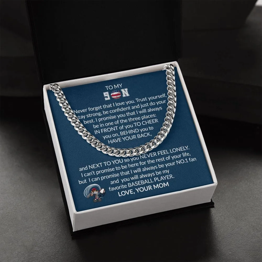 Gift To My Baseball Son - Biggest Fan - Cuban Link Chain With Message Card - Gift For Birthday, Christmas, Special Occasion From Mom