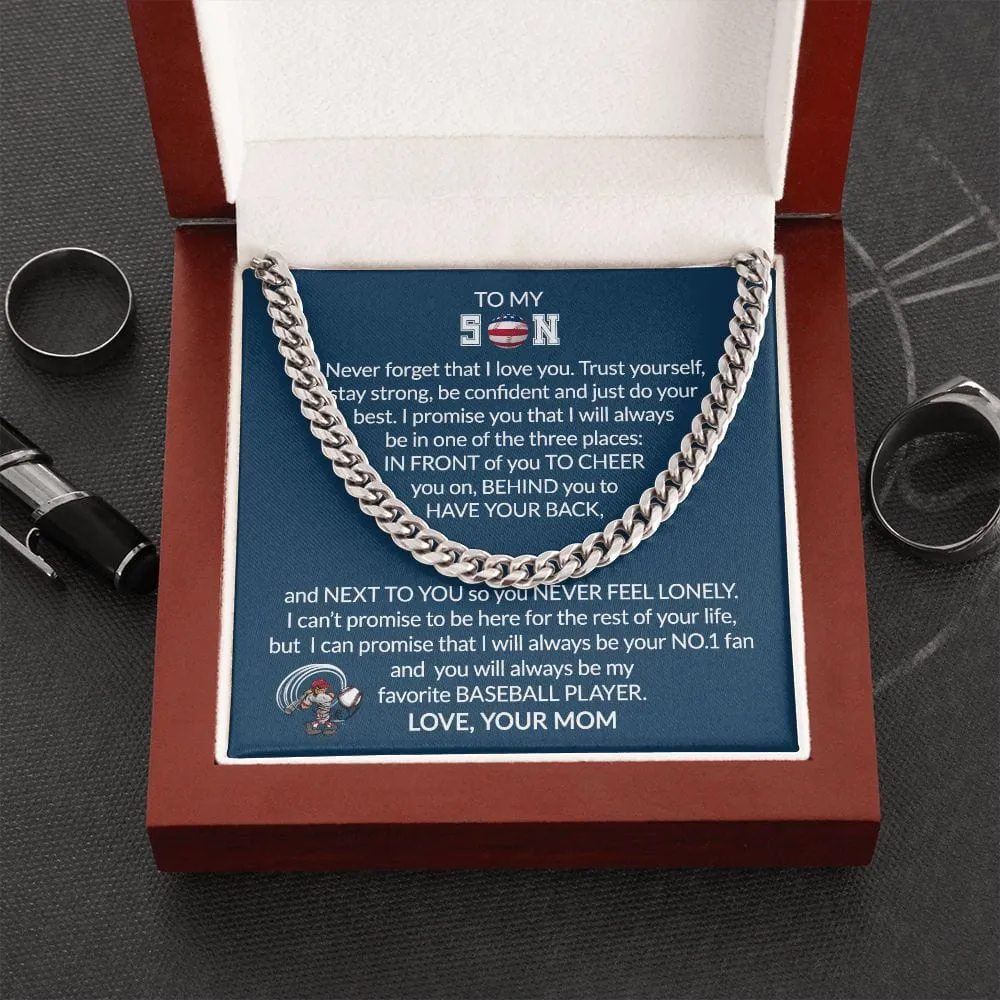 Gift To My Baseball Son - Biggest Fan - Cuban Link Chain With Message Card - Gift For Birthday, Christmas, Special Occasion From Mom